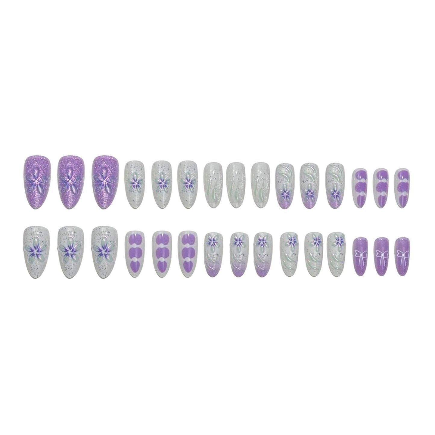 Almond Press on Nails Medium SWEKKE 3D Fake Nails Purple False Nails with Floral Bow Pearls Designs Summer Glossy Glue on Nail Stick on Nail for Women Girls 30Pcs