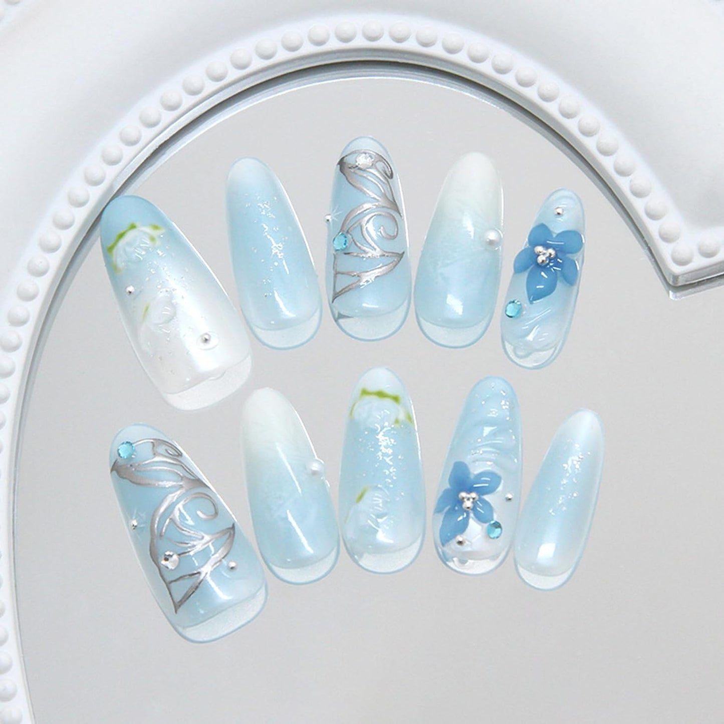 30Pcs Blue Smudge Press on Nails Medium Almond Fake Nails with 3D Rhinestone Pearls Design Butterfly Floral False Nails Lotus Flower Glue on Nail Glossy Full Cover Water Ripples Acrylic Nail for Women