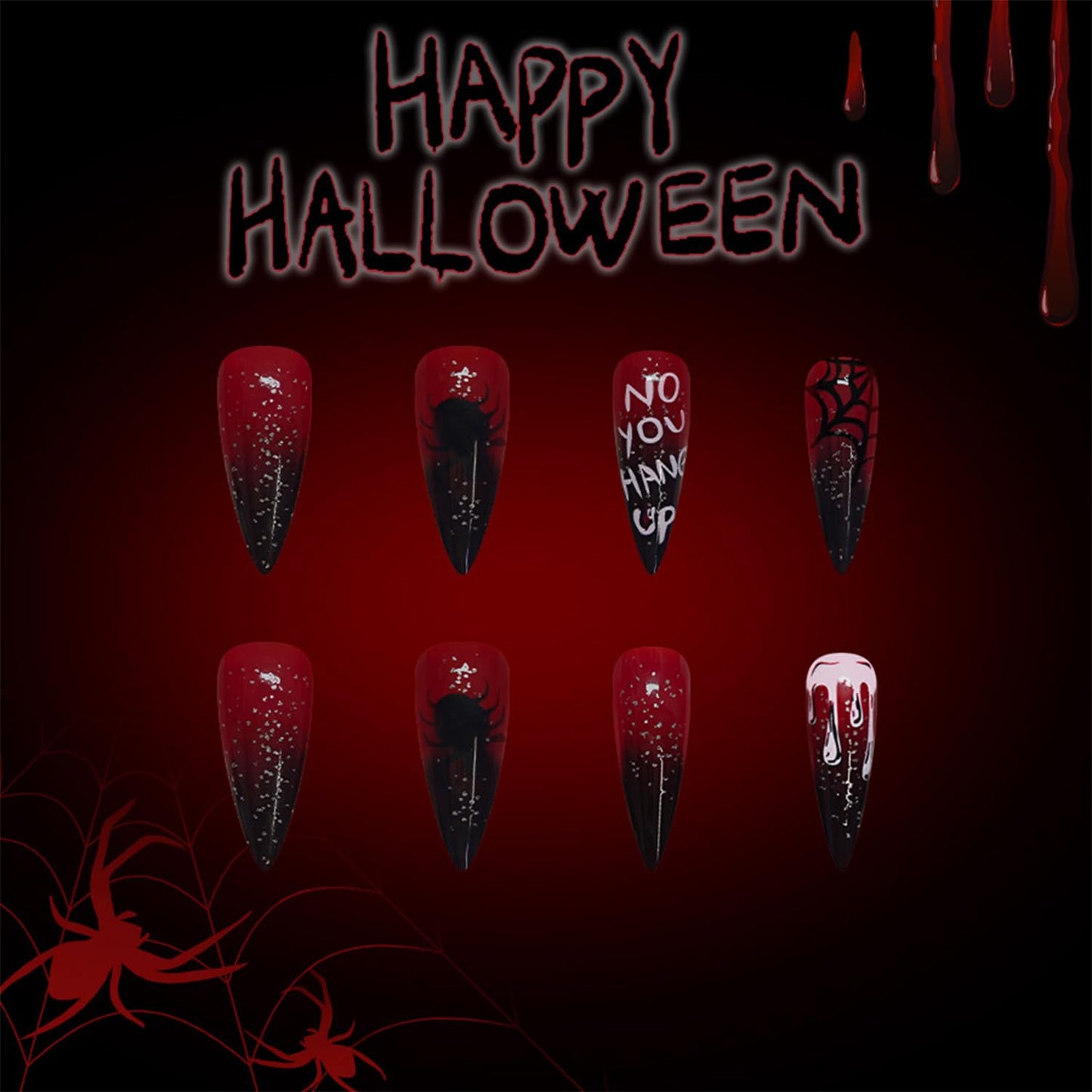 24 Pcs Halloween Press on Nails Long Almond Fake Nails with Blood Drop Designs Spider Web Glue on Nail Scary Spider Acrylic Nail Black Red Gradient False Nail Full Cover Stick on Nails for Women