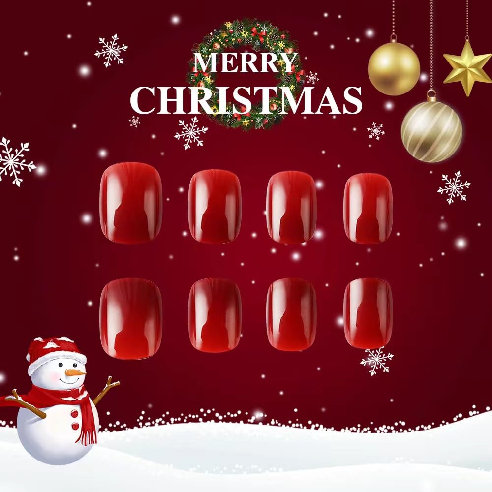 Christmas Press on Short Nails - Square Fake Nails with Snowflake Design - Red False Nails Press ons - for Women Winter Manicure 24 Pcs