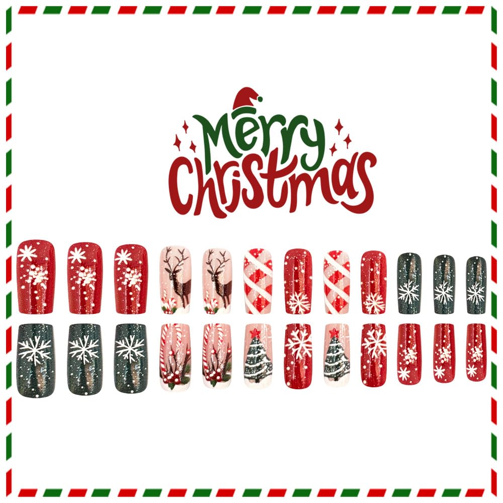 Christmas Press on Nails Medium Square Fake Nails with Red White Spider Designs Full Cover Holly Candy Winter Stick on Nail Xmas EIK Snowflake Glue on Nails Reusable Acrylic False Nail for Women