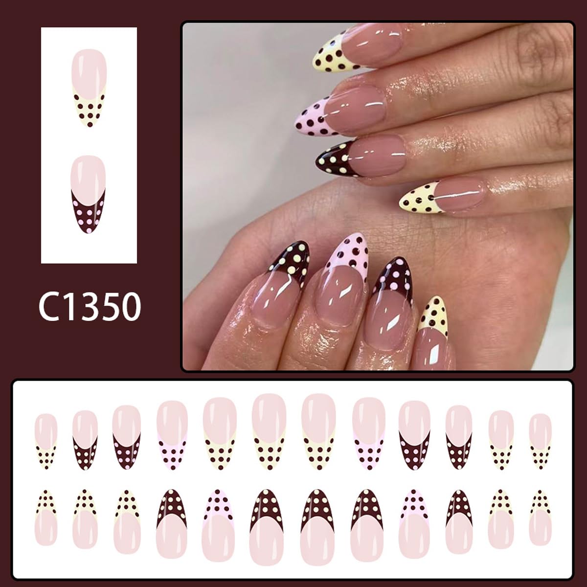 Polka Dot French Tip Press on Nails Medium Almond Fake Nails Yellow Red Pink French Tip Design Full Cover Glossy Colorful Glue on Nails for Women 24PCS