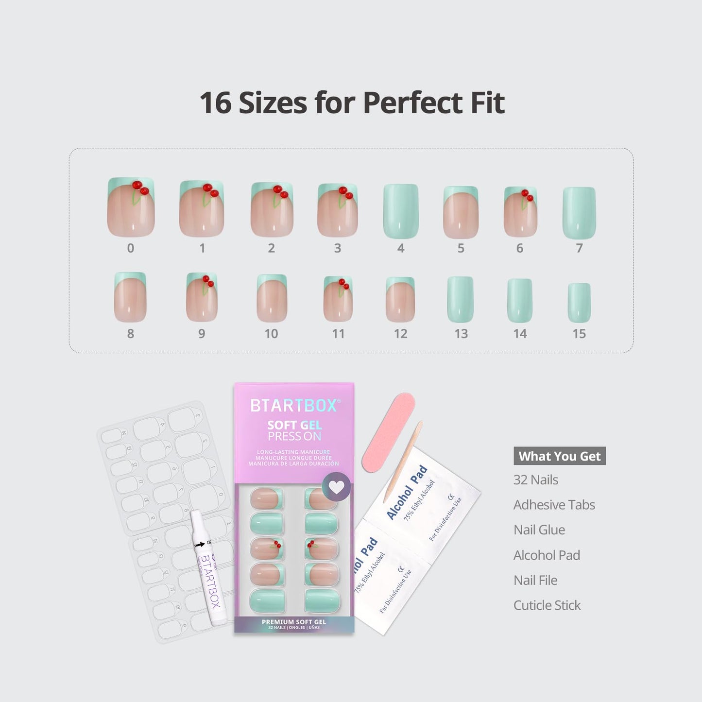 BTArtbox French Tip Press On Nails - Berry Pail, Easy-to-Apply Mint Green Short Square Press On Nails with Glue and Adhesive Tabs in 16 Sizes - 32 Nails All-in-One Kit