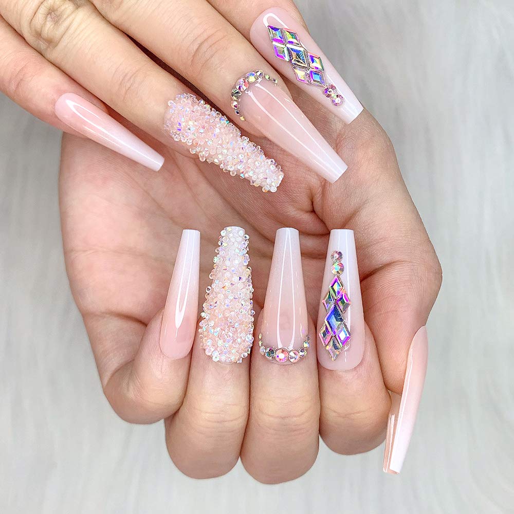 Artquee 2 Sets of Z04 Z19 48pcs French Tip Press on Nails Long Glossy Coffin Fake Nails Nude White Ombre Art with Rhinestones Luxury design False nails Acrylic Stick on False Nails Tips for Women