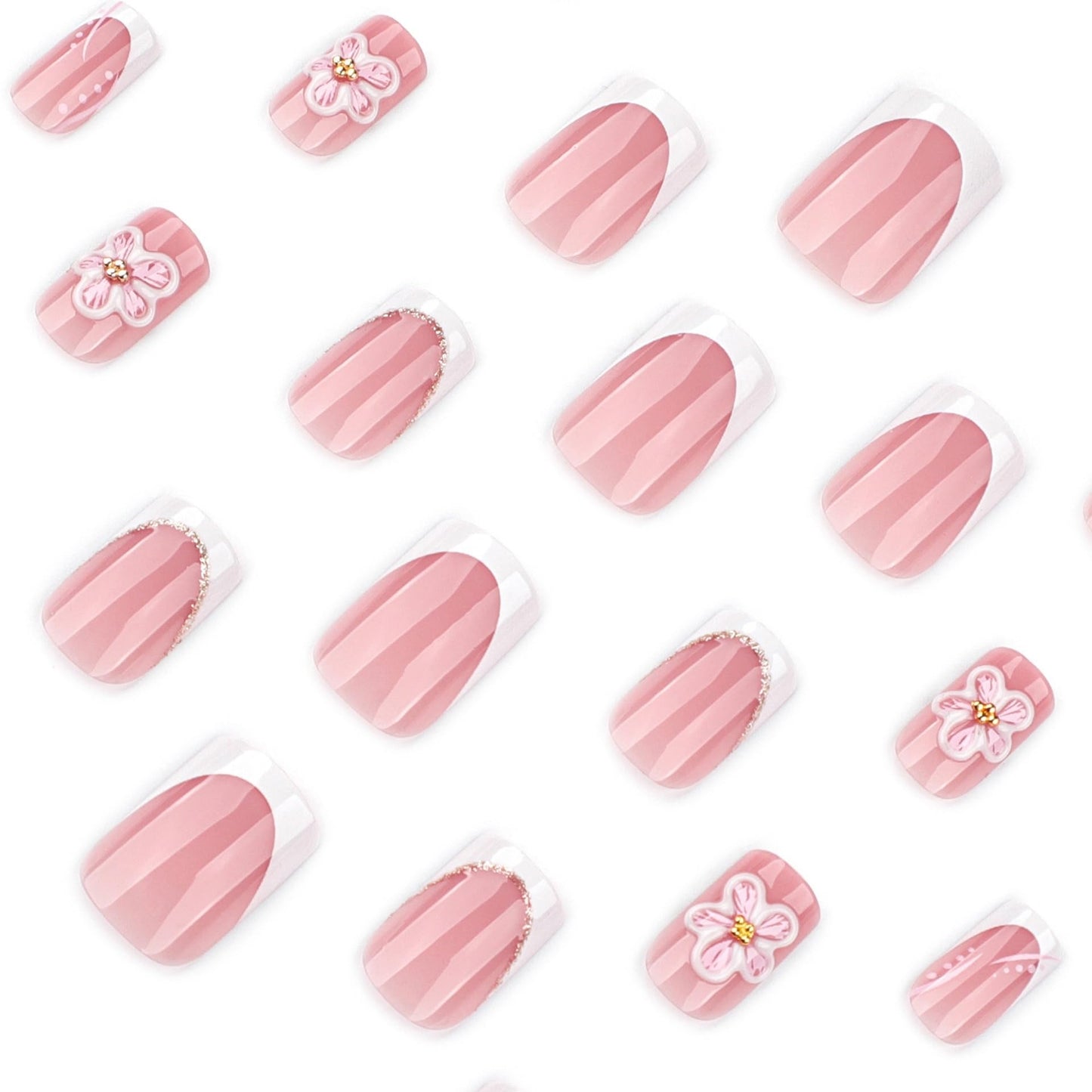 CTTHNBD Square Press on Nails Short - White French Tip Fake Nails with Flower Design - Cute, Summer False Nails for Women 24 Pcs