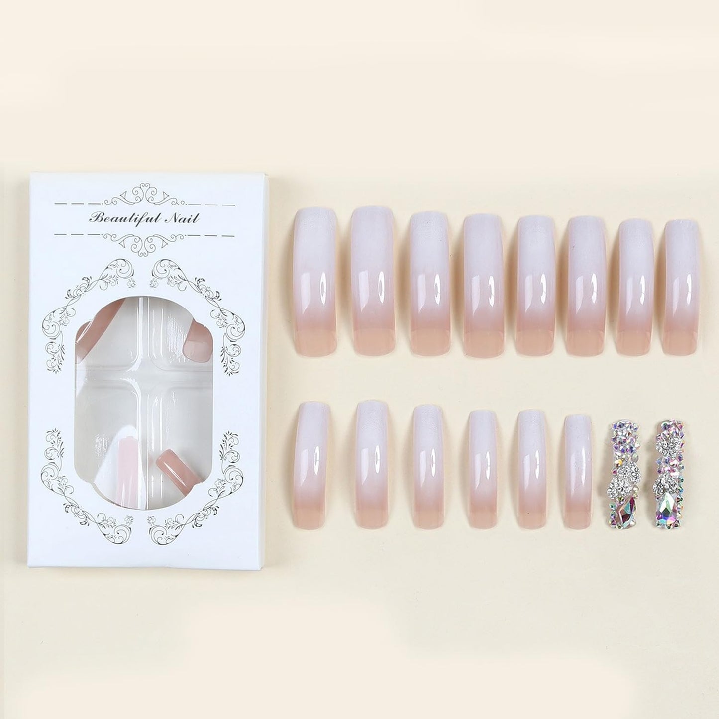 Curved Nail Tips Press on Nails with 3D Handmade Rhinestones Designs Long Curved Press on Nails Extra Long Square Curved Nails Full Cover Pink White Gradient False Nails for Women Nail Art