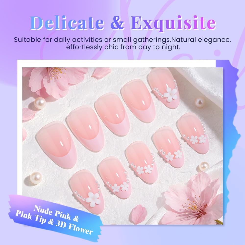 evpct Nude Pink French Press on Nails Short Almond with 3D Flower Design, Pink French Tip Stick on Nails for Women Gift, Reusable Full Cover Soft Press on Fake Nail Perfectly Fit with Pearl Design