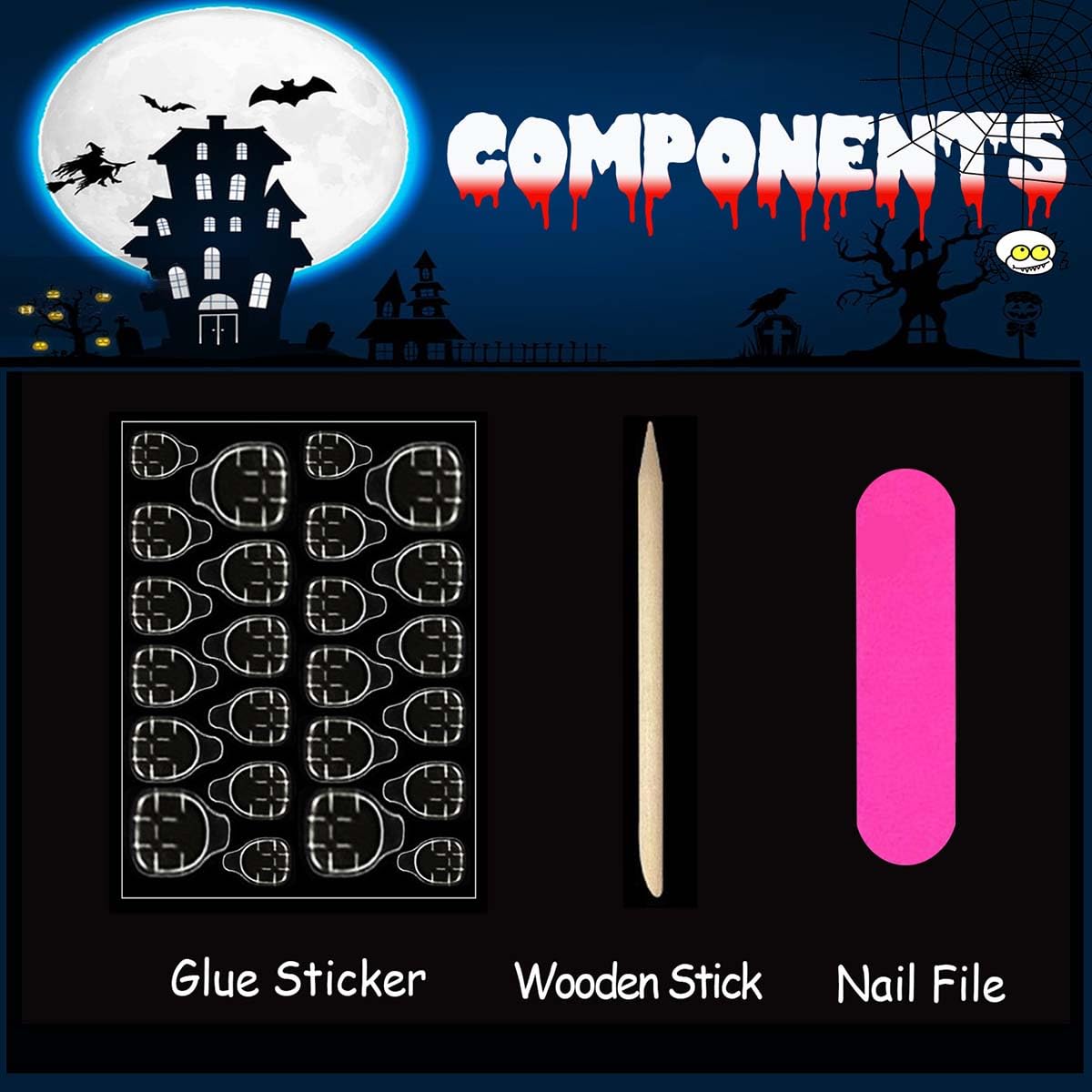 Almond Press on Nails Halloween Fake Nails Matte False Nails Press ons with Ghost & Flower Design - Reusable Artificial Nail Full Cover Glue on Nail Stick on Nails for Women Manicure 24 Pcs