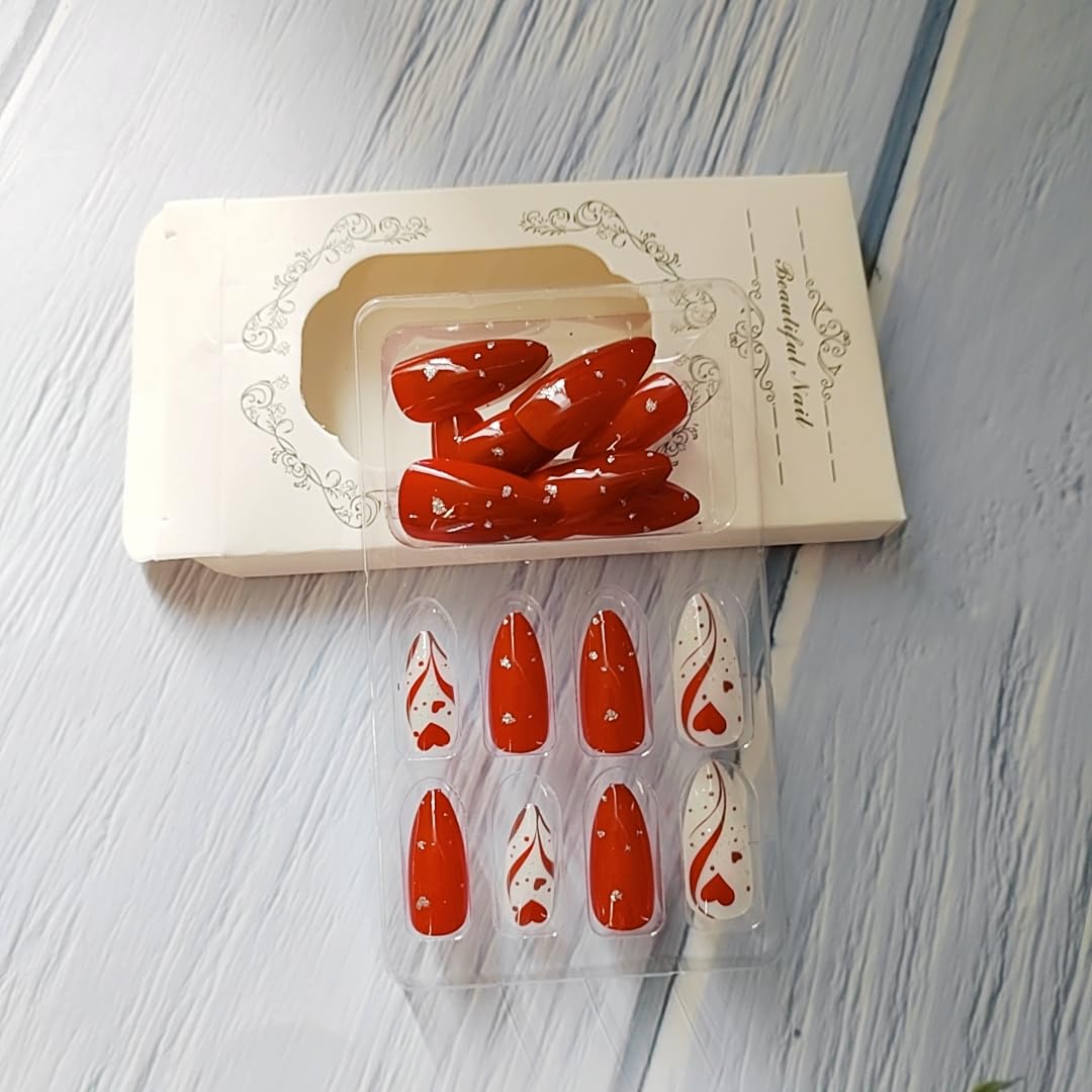 24Pcs Valentines Press on Nails Medium Almond Fake Nails Red False Nail Tip Kit with Soft Lines Heart Designs Sparkly Glossy Glue on Nails Reusable Full Cover Acrylic White Stick on Nail for Women