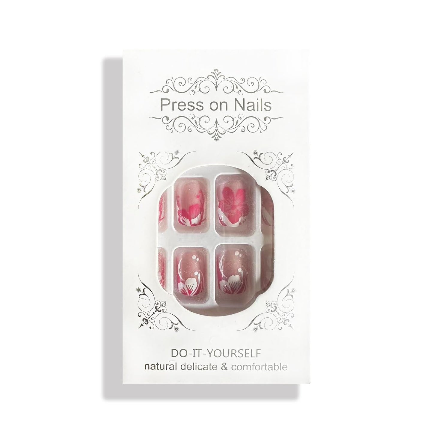 RTKHFZE Short Press on Nails French Tip Nails Press Ons Square Fake Nails with Pink and white Floral Designs False Nails Full Cover Acrylic Nail for Women and Girls 24Pcs