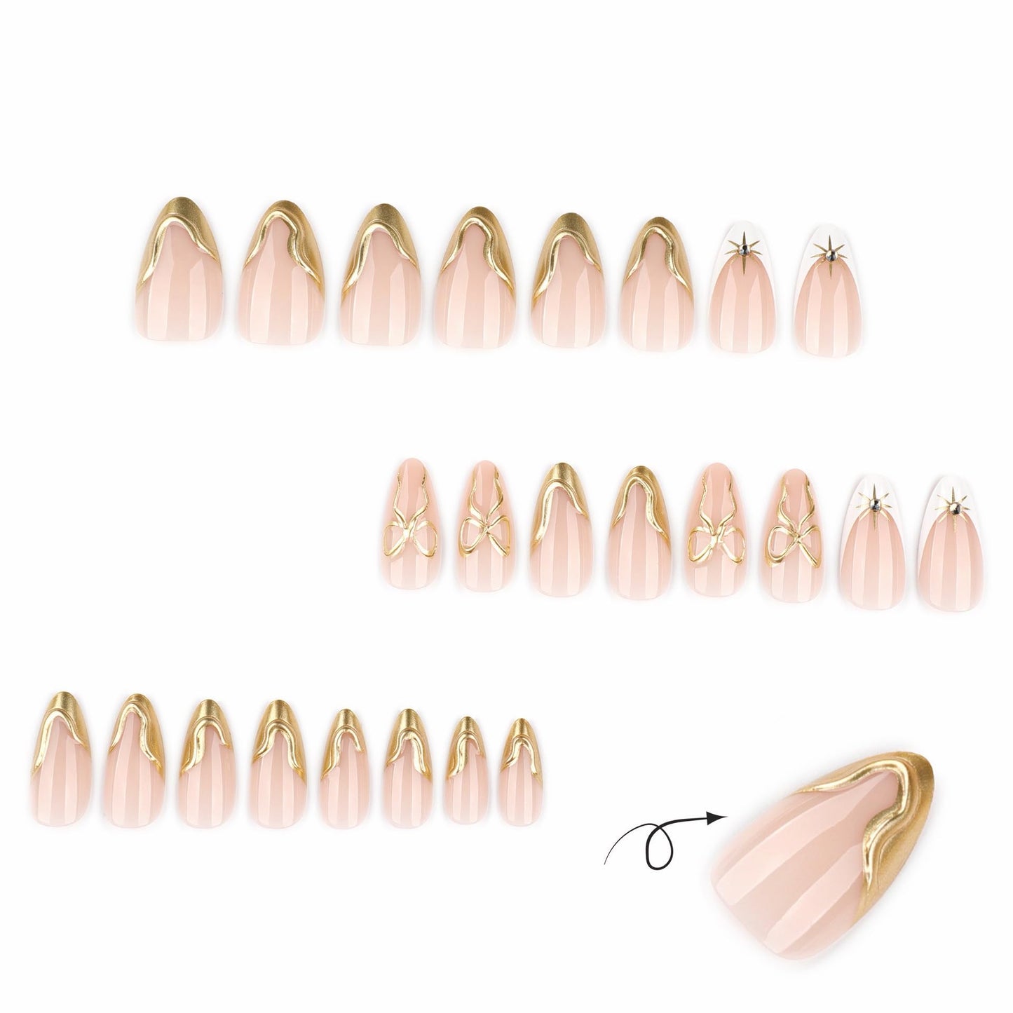 CTTHNBD Medium Press on Nails Almond - Gold French Tip Fake Nails with Bow Design - Starburst Stick on Nails for Women - 24 Pcs