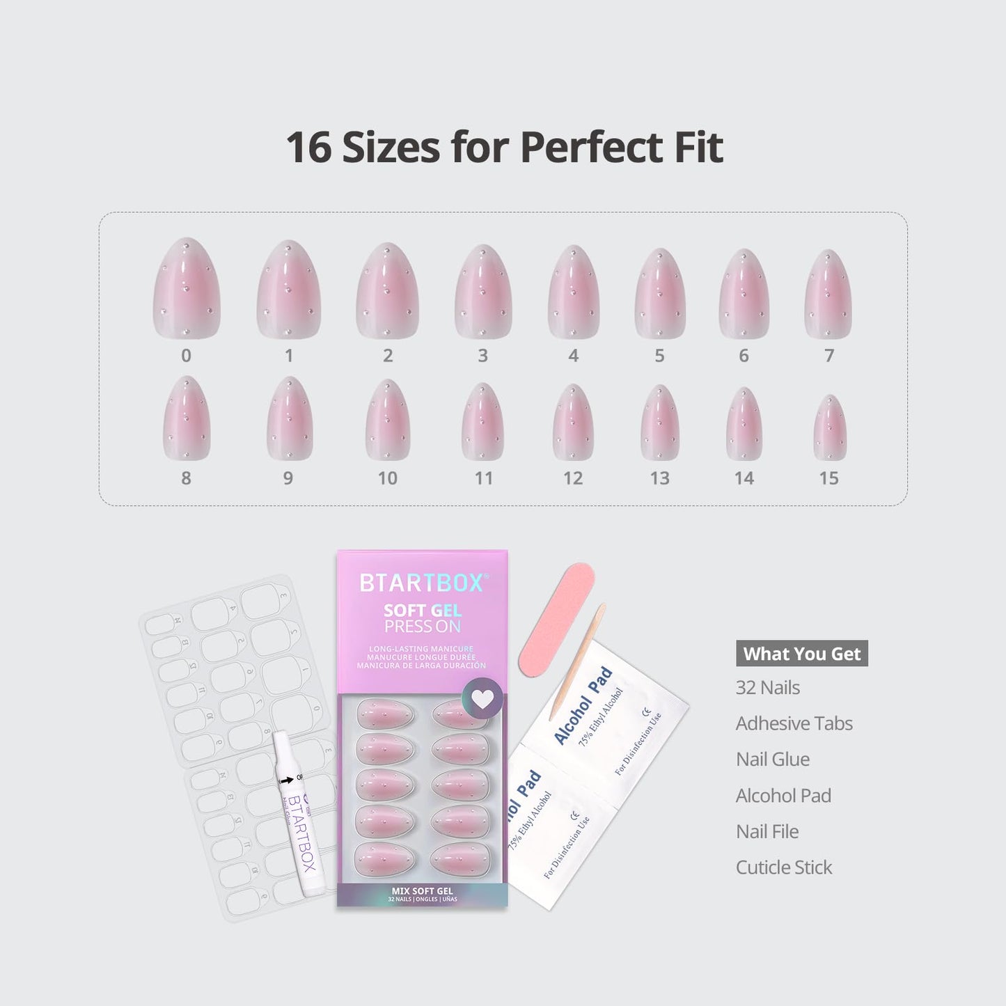 BTArtbox Press On Nails Short - Shy Metal, 3D Pearl Accents Pink Almond Press On Nails with Glue and Adhesive Tabs for Women in 16 Sizes - 32 Nails All-in-One Kit
