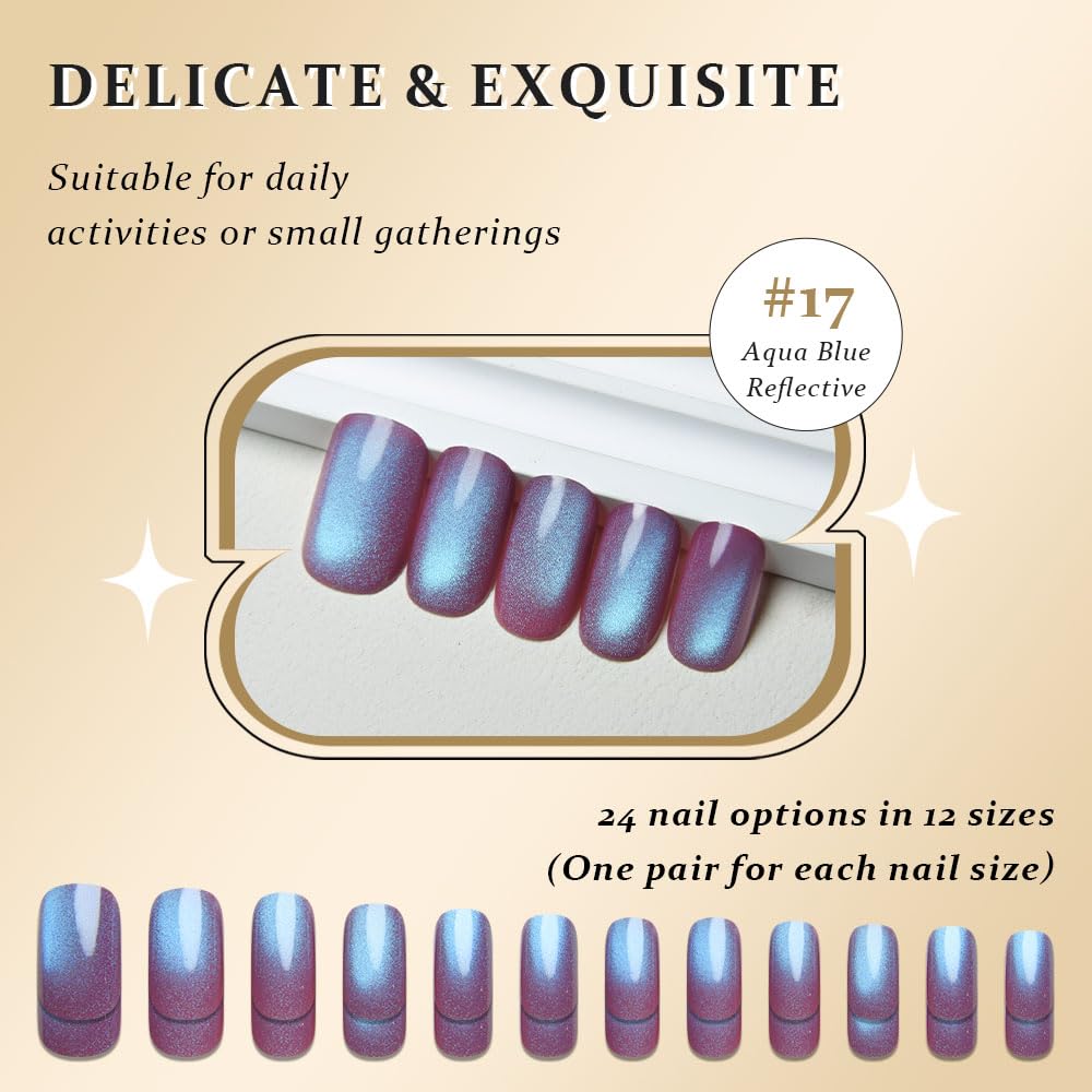 XZMeiLun Purple Reflective Blue Press On Nails - Cat Eye Medium Square Magnetic Acrylic Fake Nails, Stylish Design, Salon-Quality Shiny Finish, Reusable Stick On Nails Kit for Women (No Glue Included)