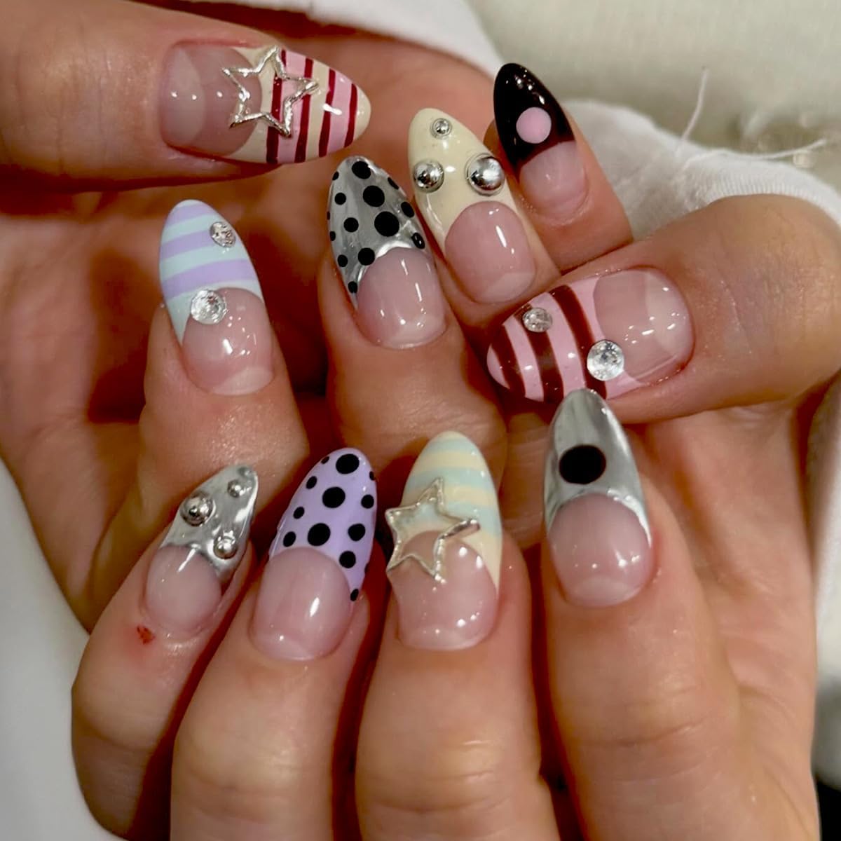 plalely Almond Press on Nails Medium Colorful Fake Nail Polka Dot with Silver Star Design Acrylic Nail Press ons Y2K Stick on Nail for Women 24pcs