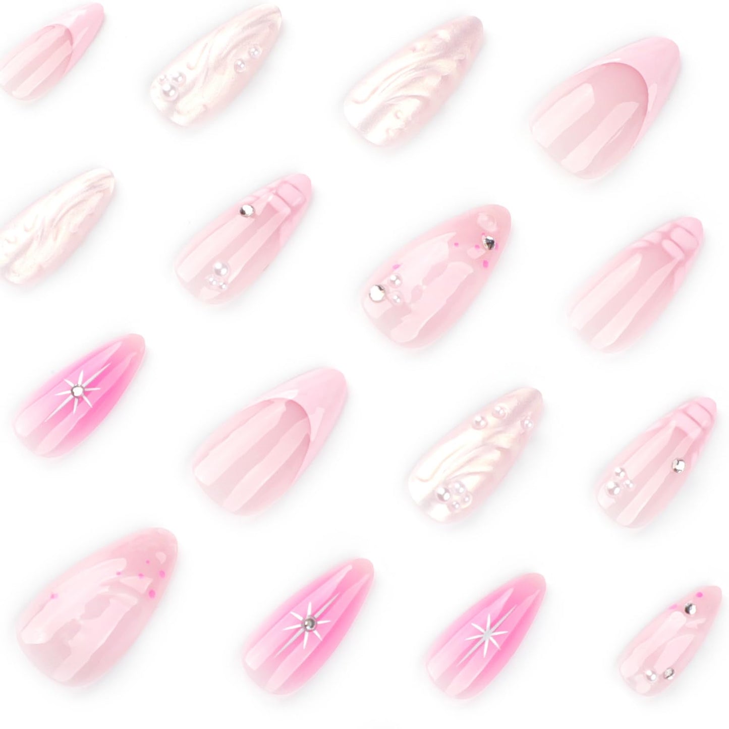 Pink Press on Nails Medium Almond Fake Nails 3D French Tip Water Ripple Artificial Glue on Nails with Rhinestone Pearl Charms Design Shiny Star False Nails Full Cover Stick on Nails for Women 24Pcs