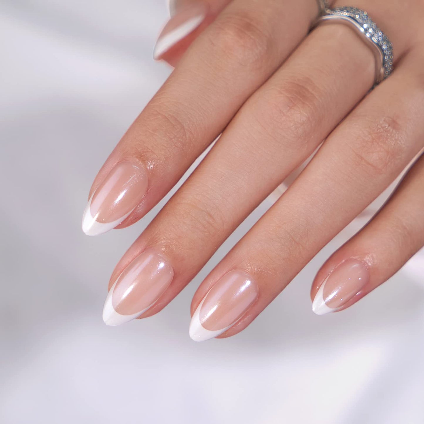 French Tip Press On Nails - BTArtbox White Almond Medium Reusable Stick On Nails in 15 Sizes - 30 Soft Gel Fake Nail Kit for Women Gift, Classic