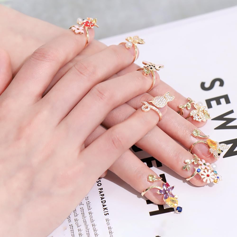 Izpack Rhinestone Cat Finger Nail Ring for Women - Adjustable Cubic Zirconia Kitten Animal Pet Open Fingernail Rings Cute Jewelry Accessories for Party Christmas Birthday Wedding Daily Use