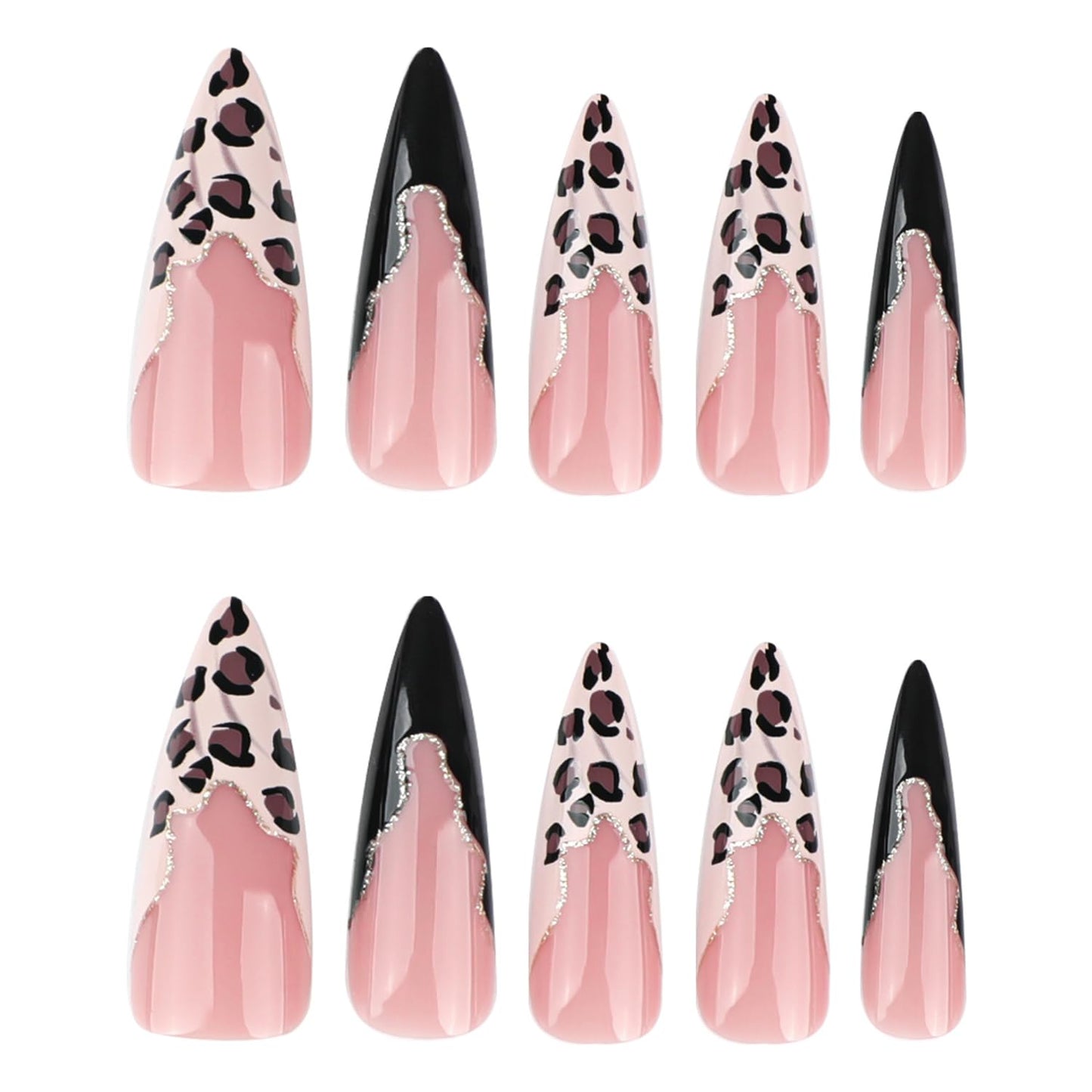 Stiletto Press On Nails Long Fake Nails Leopard Print With Glitter Design French Tip False Nails Artificial Glossy Reusable Acrylic Nail Full Cover Stick On Nail For Women Manicure Art 24pcs