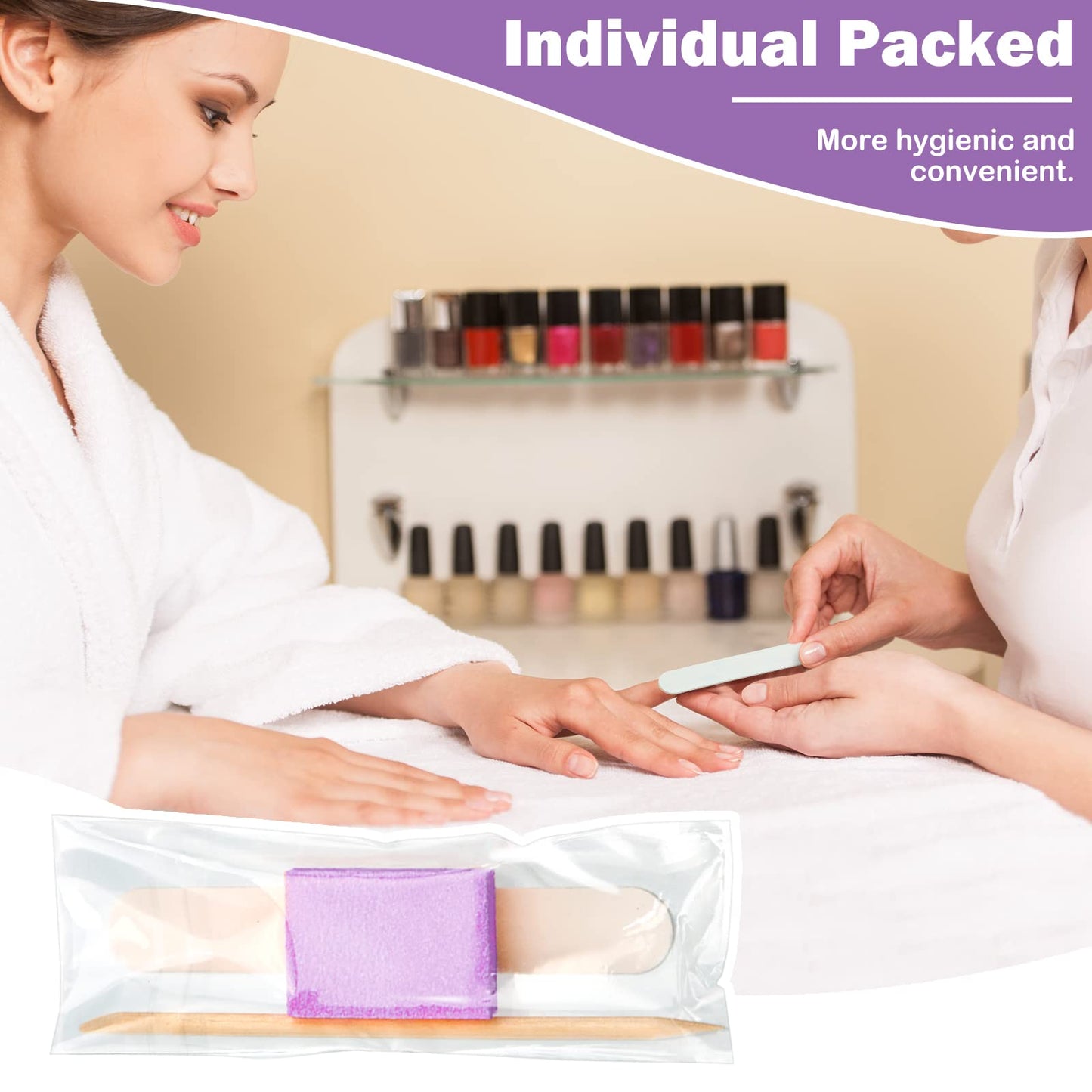 Leelosp 120 Sets Disposable Manicure Kit Basics 3 Pieces Nail Kit, White Wood Nail File 180/180 Grit, Purple Mini Buffer 100/100 Grit, Individually Packed Mini Pedicure Set for Fingernails Toenails