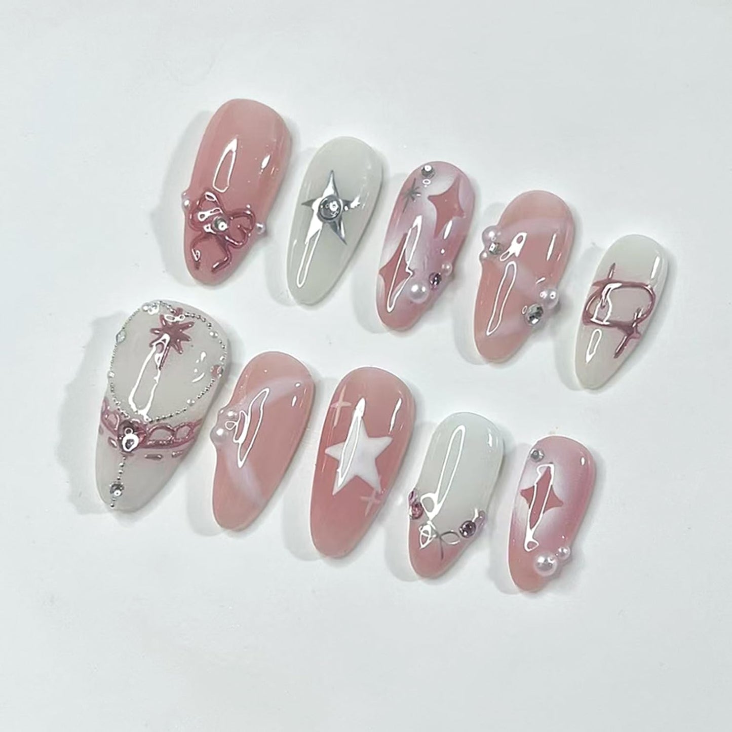 24Pcs French Tip Press on Nails Medium Almond Fake Nails Sparkling Diamond Pearl Star Bow Design French Nails Reusable Fake Nails for Wedding Party Cute Stick on Nails for Women Daily Wear