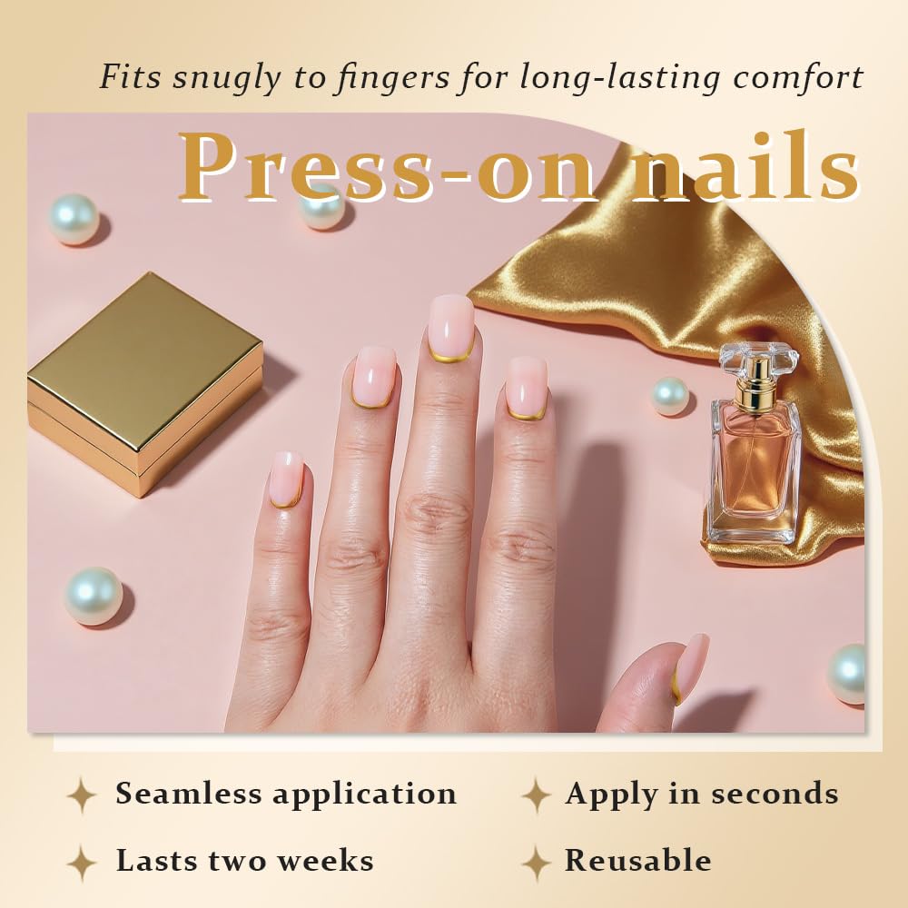 evpct Nude Glossy Press on Nails Short Square with 3D Gold Line, Glossy Ndue Fake Nails Reusable Acrylic False Nail Stick on Press ons for Women Gifts, Perfectly Fit False Nail Kit Gel 30Pcs