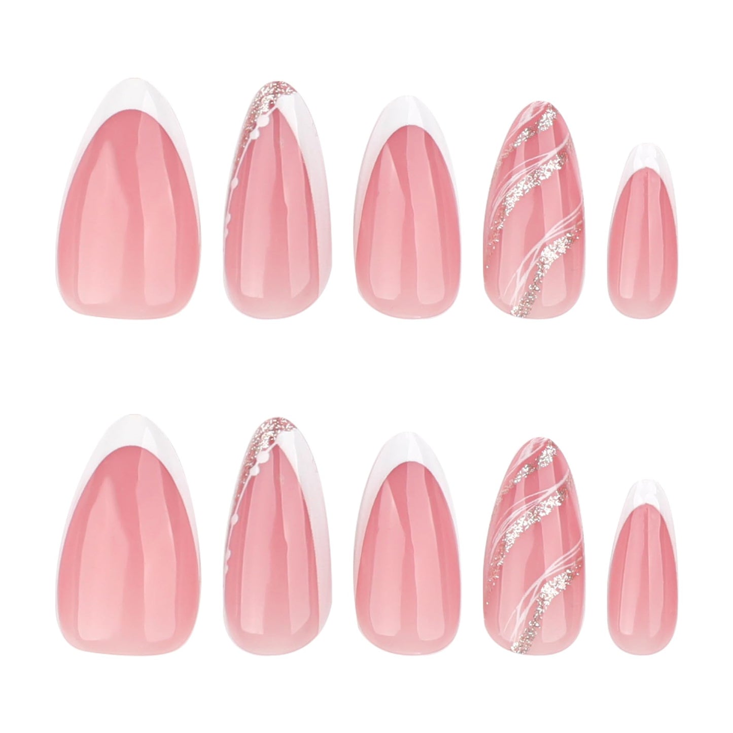XZMeiLun Spring Summer White French Tip Press On Nails, Medium Almond Shape, Rose Gold & Golden Shiny Designer Fake Nails, Reusable Acrylic False Nails, Salon Quality for Women & Girls Daily Wear