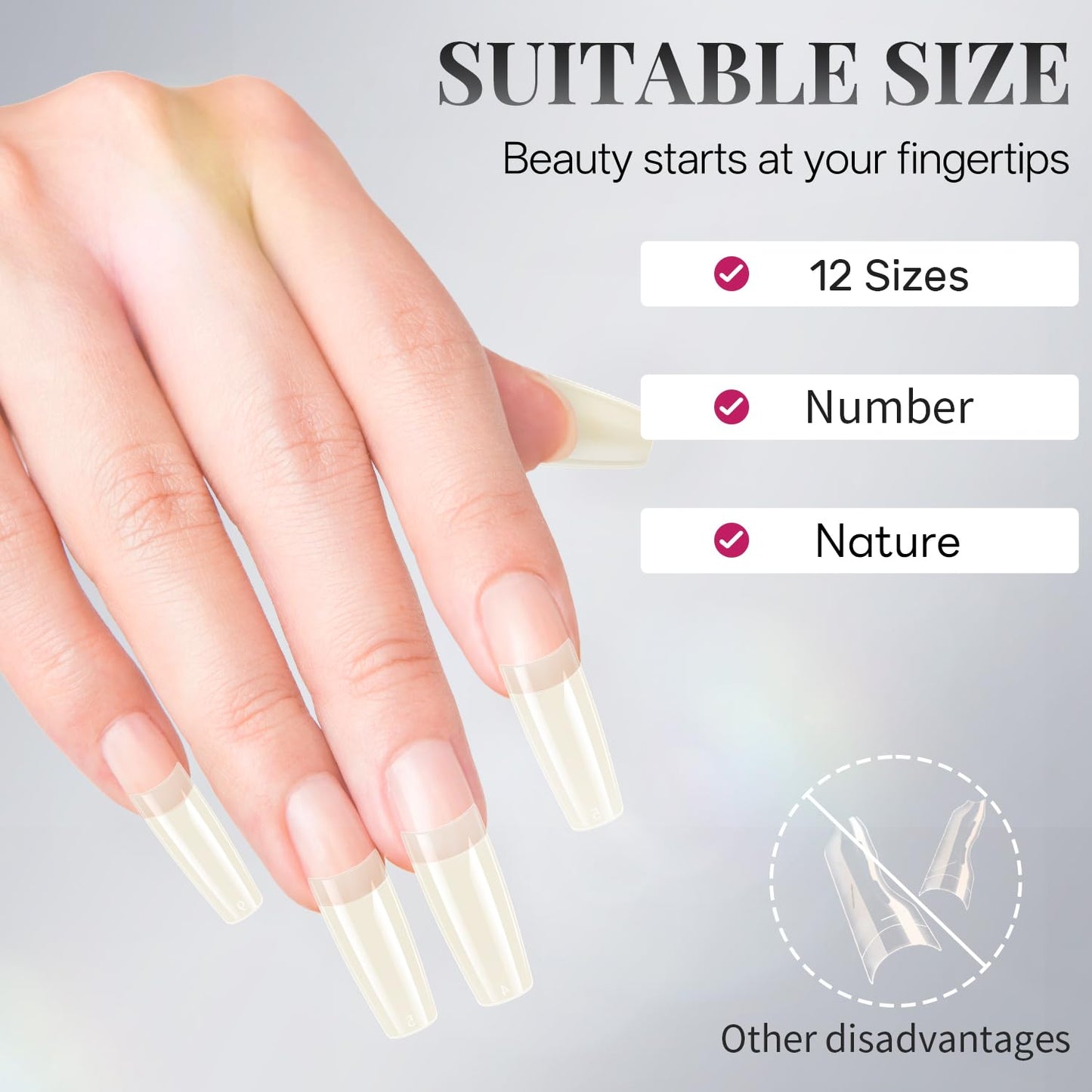krofaue 504PCS French Nail Tips - Soft Gel Half Cover Fake Nails 12 Sizes Acrylic Square False Tips Natural French Tip Press On Nails Gift for Nail DIY & Salon