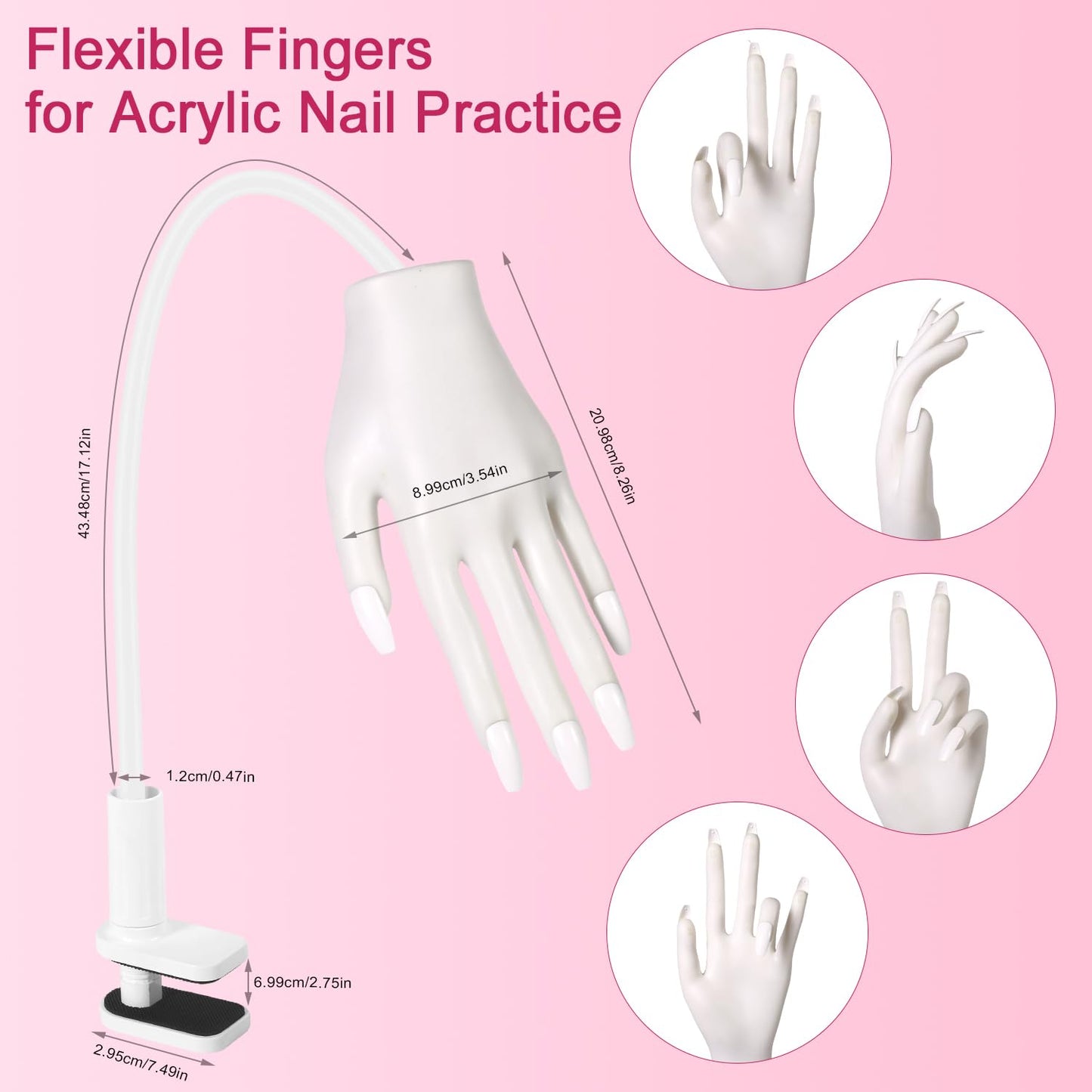 Practice Hand for Acrylic Nails, Acrylic Nail Training Mat , Manicure Trainng Hand Nail Kit for Beginners,Movable Nail Maniquin Hand with 50PCS Nail Tips,Acrylic powder, Brush and Clipper (White)