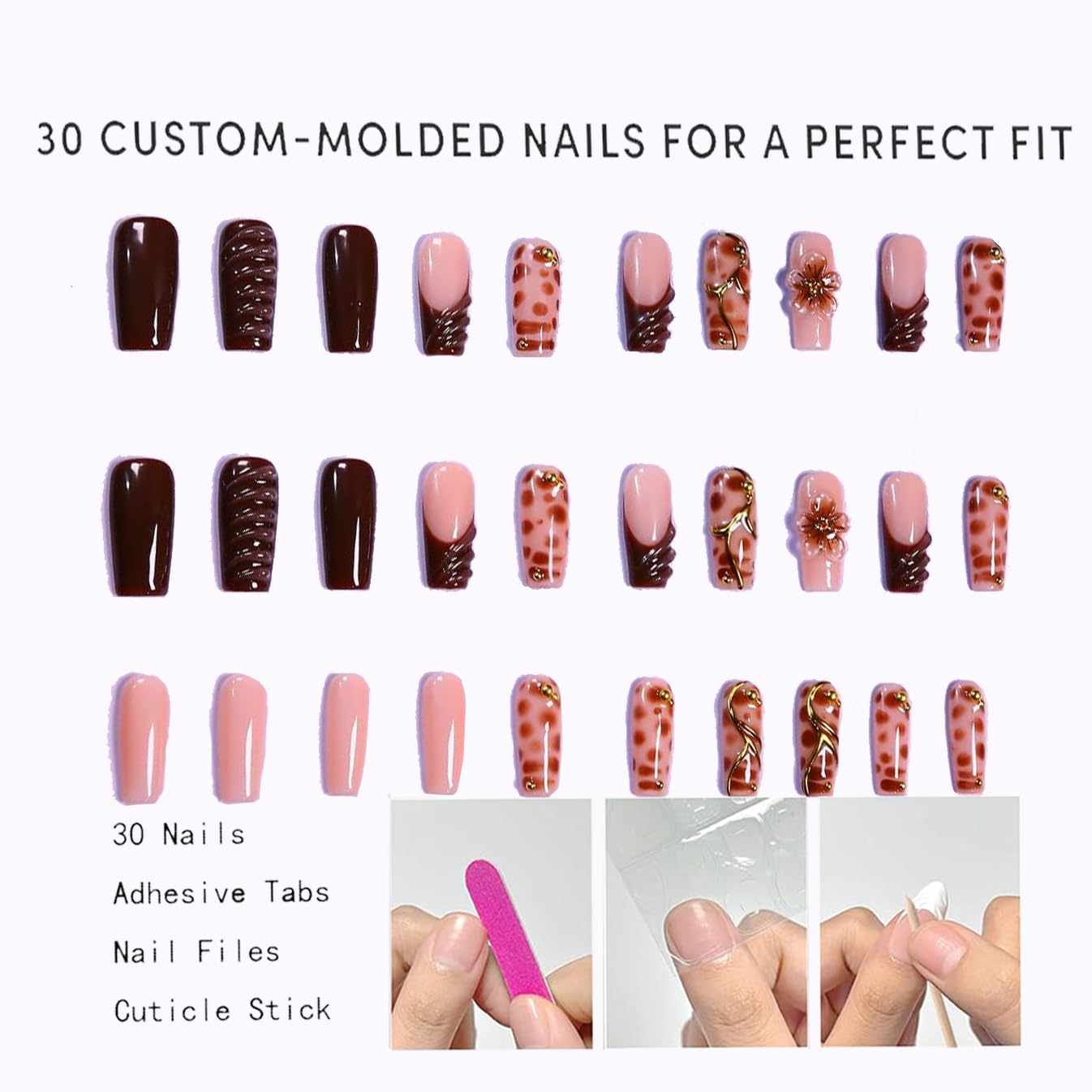 Press On Nails - MAGLFELL Handmade Square Fake Nails, Spring & Summer Painting 3D Floral Design, Reusable Artificial False Nails for Women 15 Sizes - 30Pcs Stick On Nails Kit