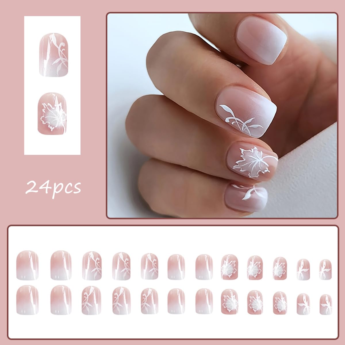 KTAABTR Gradient Press on Nails Short Square Fake Nails with Glue White Glossy Acrylic Nails Design White Maple Leaf False Nails Stick on Nails for Woman Girls