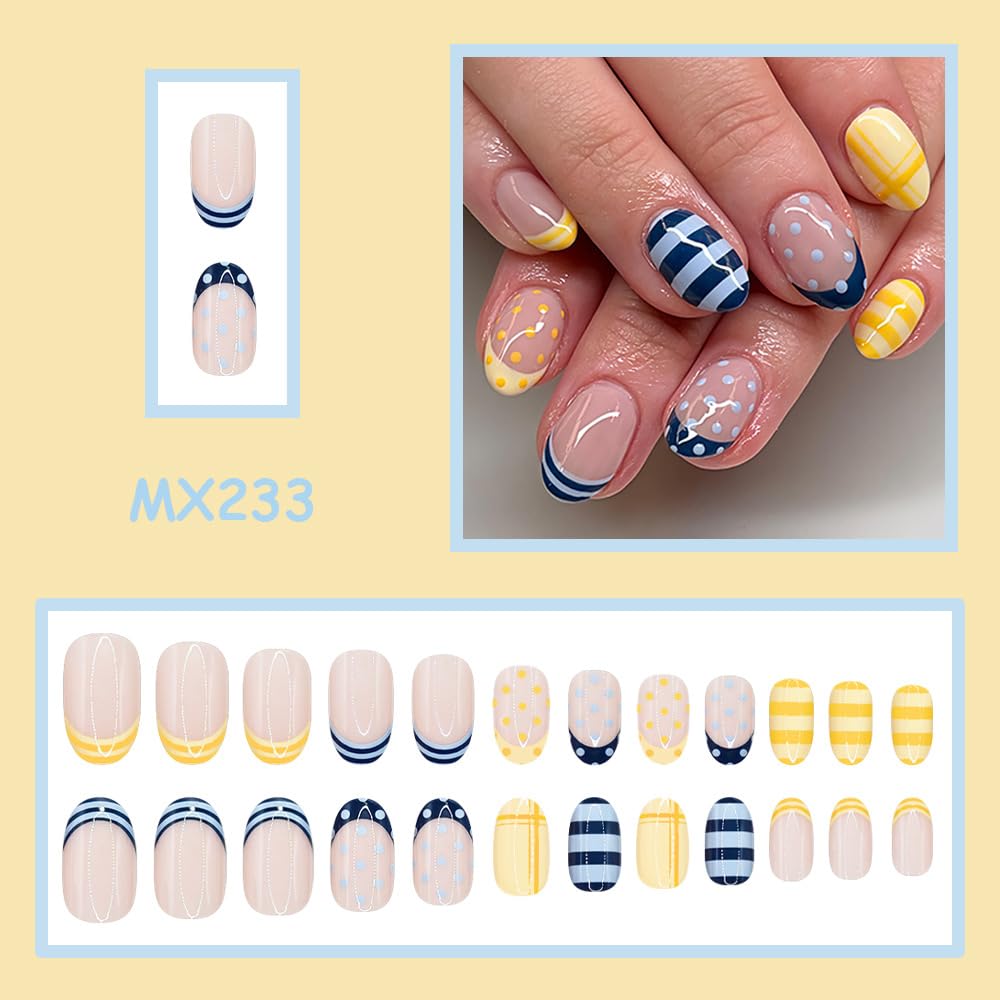 WLGDLH French Tip Press on Nails Short Oval Fake Nails, Blue Yellow False Nails Press ons Nail Art Tips with Polka Dot Stripes Design, Nude Glossy Finish Glue on Nails Stick on Nail for Women 24 Pcs