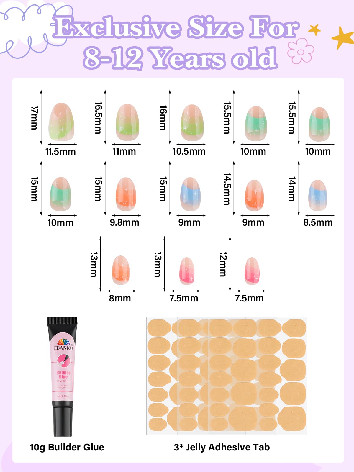 78 Pieces Press on Nails for Kids, EBANKU 3 Pack Kid Fake Nail Kit Old Colorful Flower Press on Nails for Girls 8-12 Years with Jelly Nail Adhesives & Nail Builder Glue