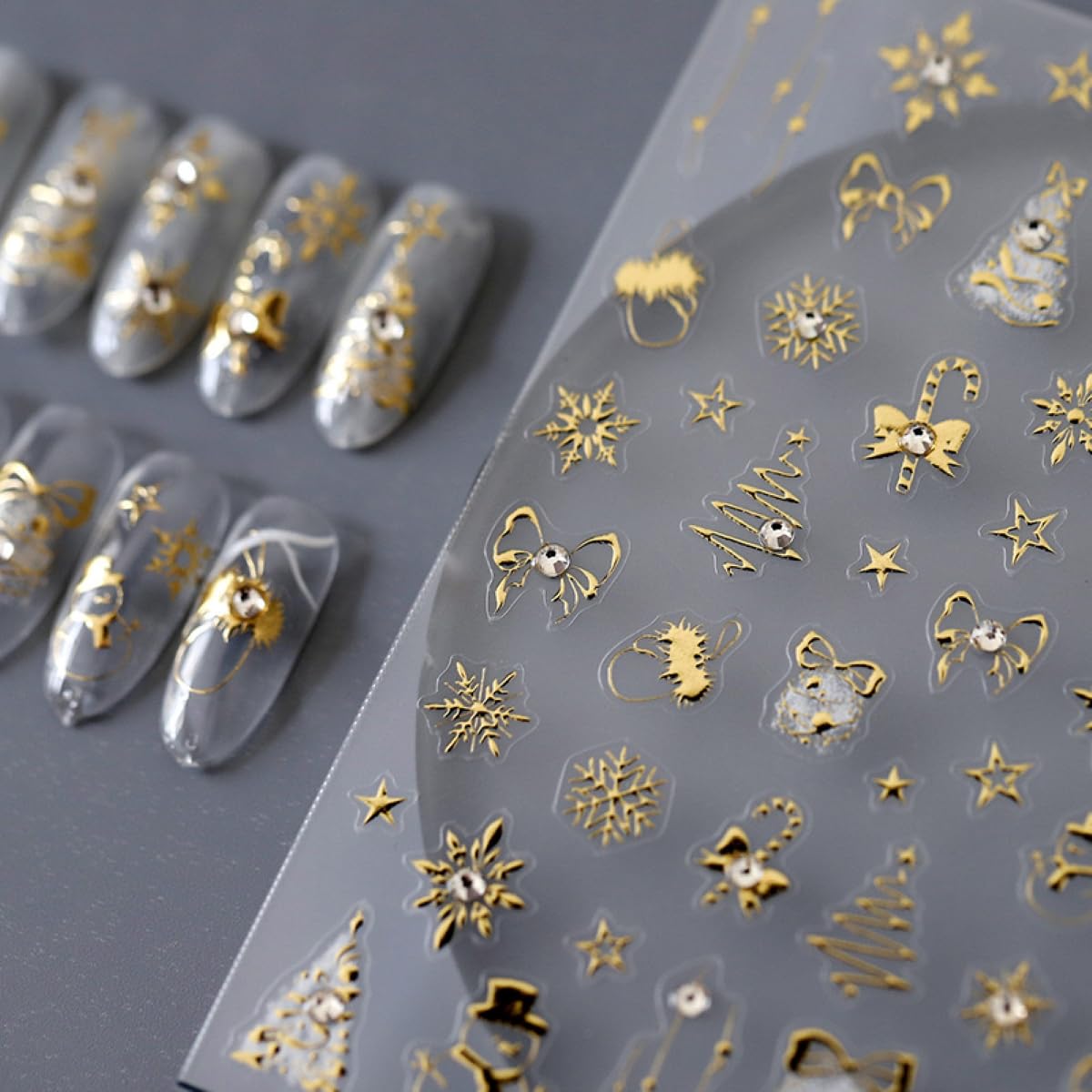 Christmas Nail Art Stickers 5D Embossed Gold Canes Nail Stickers Self-Adhesive Snowflake Snowman Xmas Tree Rhinestone Star Nail Decals for Women Girls Winter Holiday Manicure DIY Nail Supplies