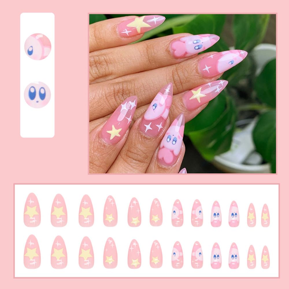 MINGCHUN Pink Press on Nails Medium Almond French Tip Fake Nails Press ons Acrylic Nail Art Kit Full Cover False Nails Glue on Nails with Kawaii Elf Starry Sky Design for Women Nail Supplies 24Pcs