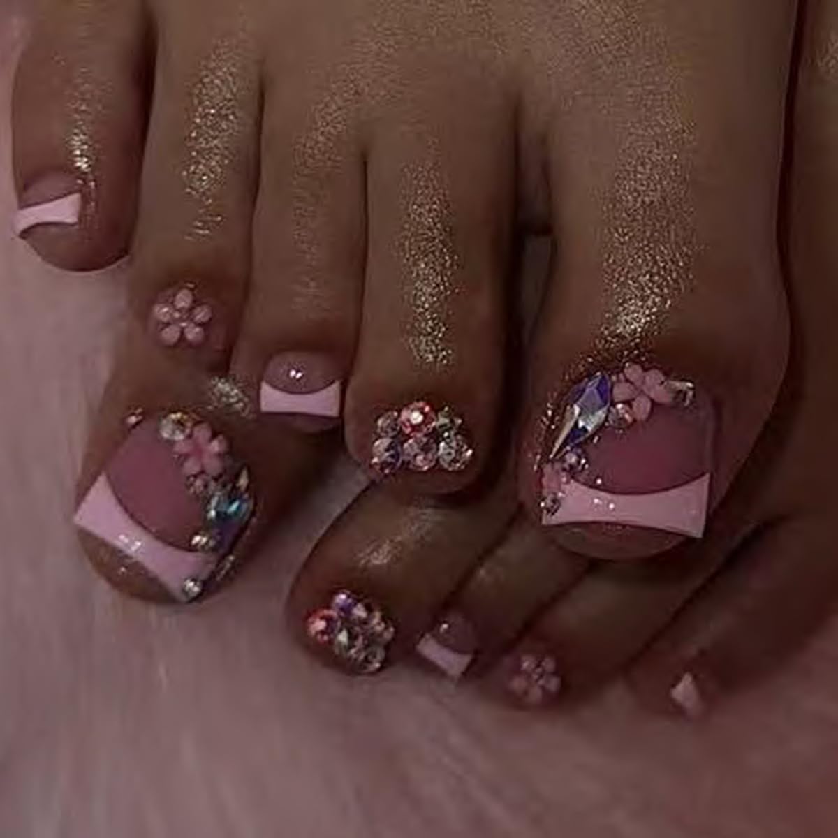 yefiuo Handmade Press on Toenails Pink French Toe Press on Nails Tips Kit Fake Toe Nails Press ons False Toenails Flower Rhinestones Acrylic Glue on Nails Stick on Nails for Women Nail Supplies 24Pcs