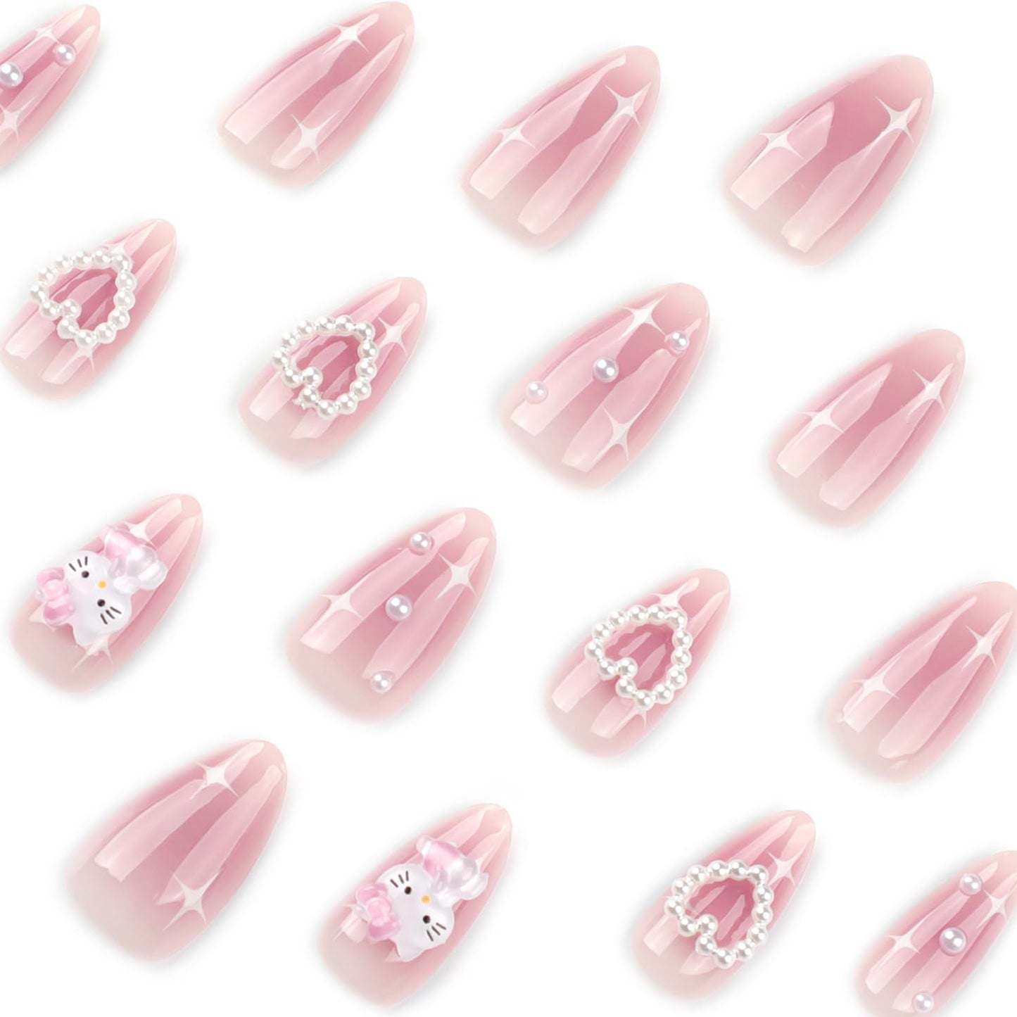24Pcs Pink Press on Nails Medium Almond Fake Nails with Heart Pearl Bow Cute Rhinestones Designs Cartoon Acrylic Nails Reusable Laser Bow False Nail Cute Cartoon Full Cover Glue on Nails for Women