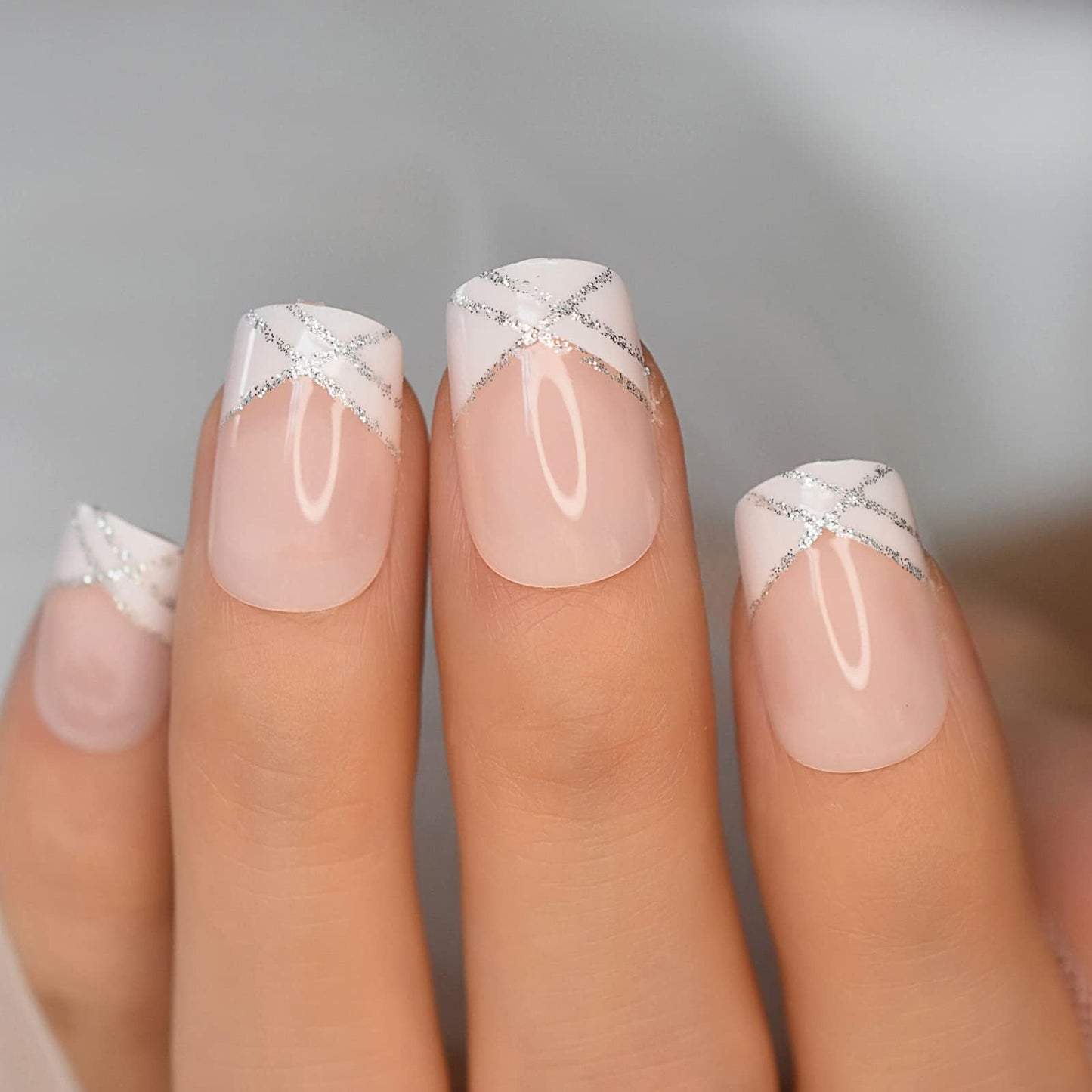 iBeautying Press on Nails - White French Silver Line Semi-Transparent False Nails | UV Gel Finish Medium Short Square Round Shape Reusable Fake Nails - 24 Nail Kit with Jelly Glue Pad