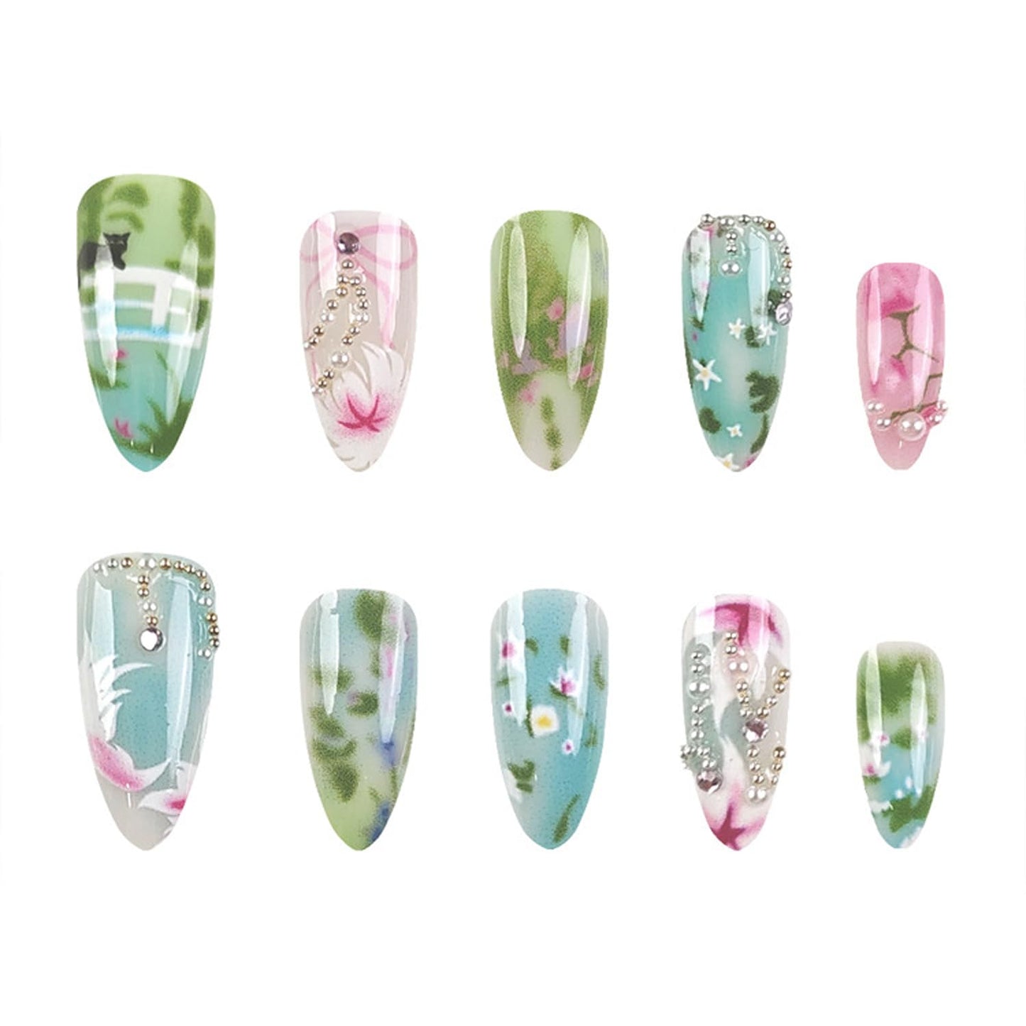 30Pcs Green Flower Press on Nails Medium Almond Fake Nails with Pearl Rhinestones Designs Cute Cat False Nails Bow Stick on Nail Flowers Pastoral Acrylic Nails Glue on Nail for Women Daily Wear
