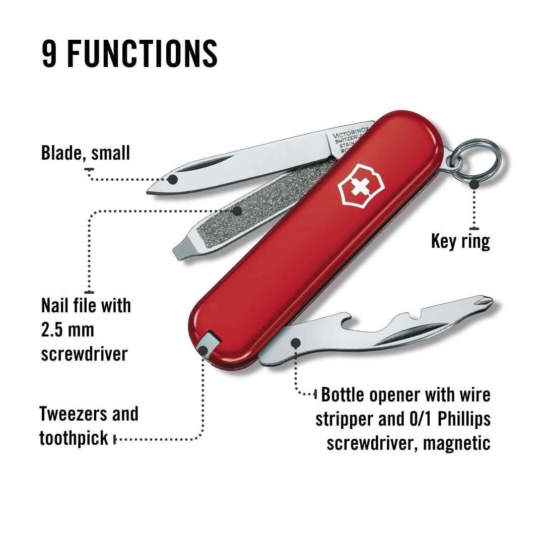 Victorinox Rally Swiss Army Knife, Compact, 9 Functions, Swiss Made Pocket Knife with Magnetic Phillips Screwdriver, Bottle Opener and Key Ring - Red