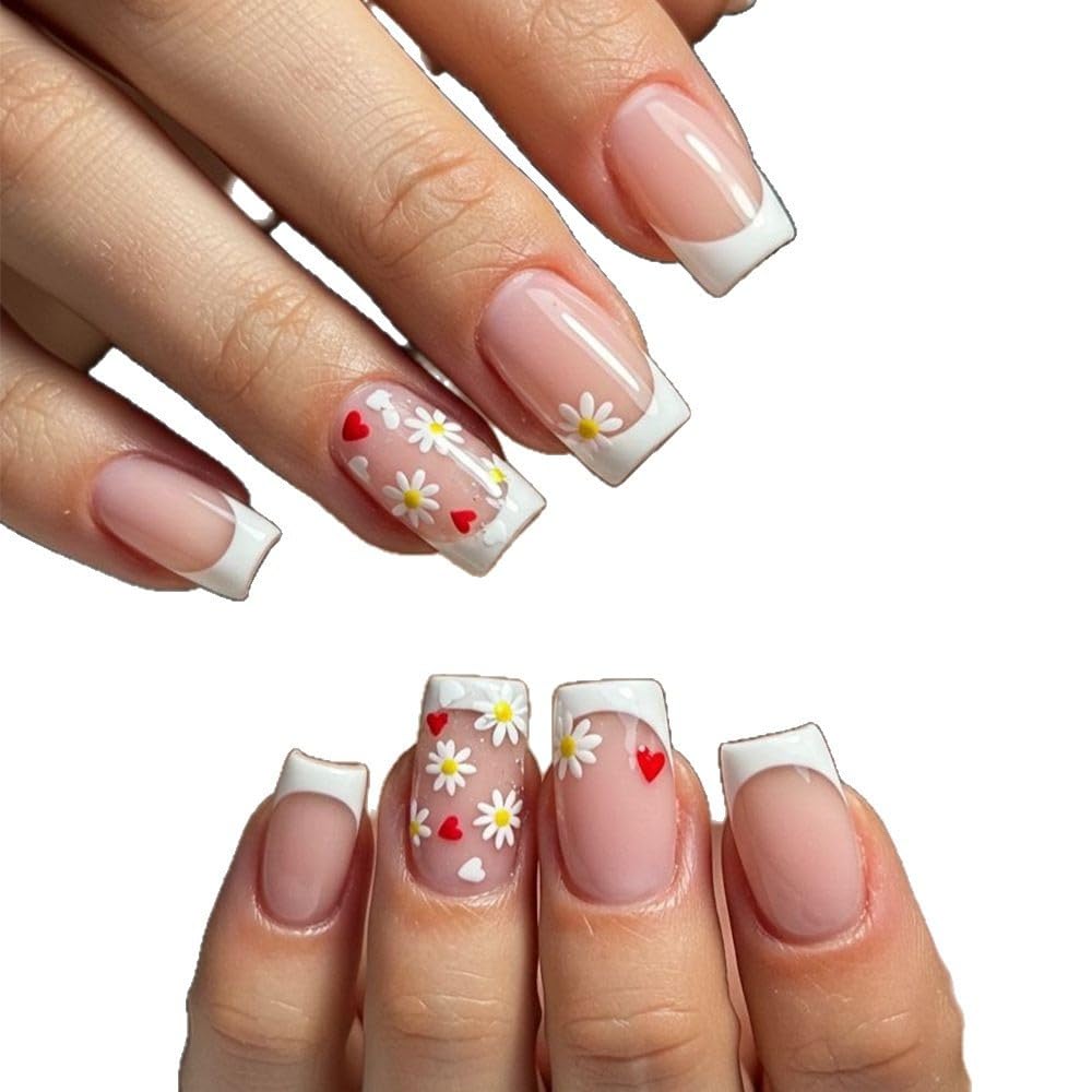 Flower Press on Nails Medium Square Fake Nails with Floral Hearts Design Glossy White French Tips Glue on Nails Spring Nails Press ons Reusable Full Cover Summer Acrylic Nails for Women Manicure 24Pcs