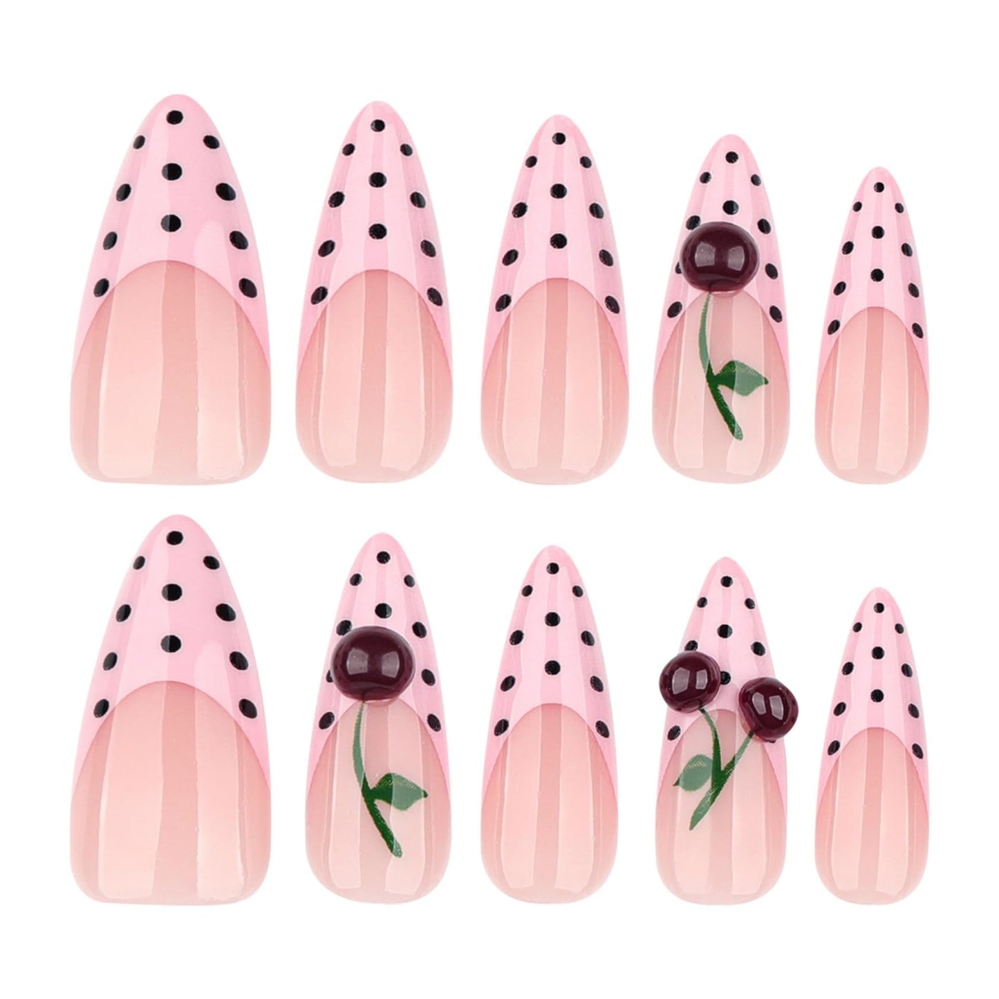 Long Almond Press on Nails for Women 3D Cherry Polka Dot Fake Nails Artificial Stick on Nail