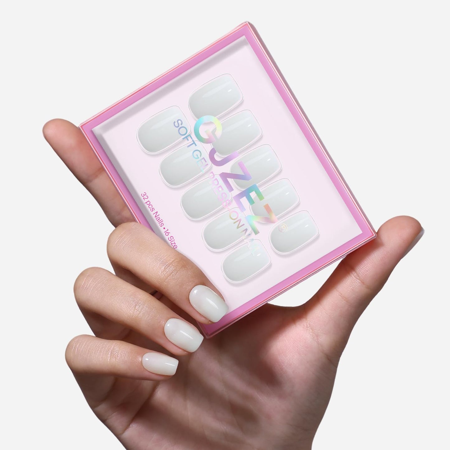 Milky White Press on Nails Short Square - GJZEZ Soft Gel Fun Glow in The Dark Luminous Neon Green Glows Effects Milk White Fake Nails, Natural Reusable Glue On Nail in 16 Sizes - 32PCS, Cloud Dancer