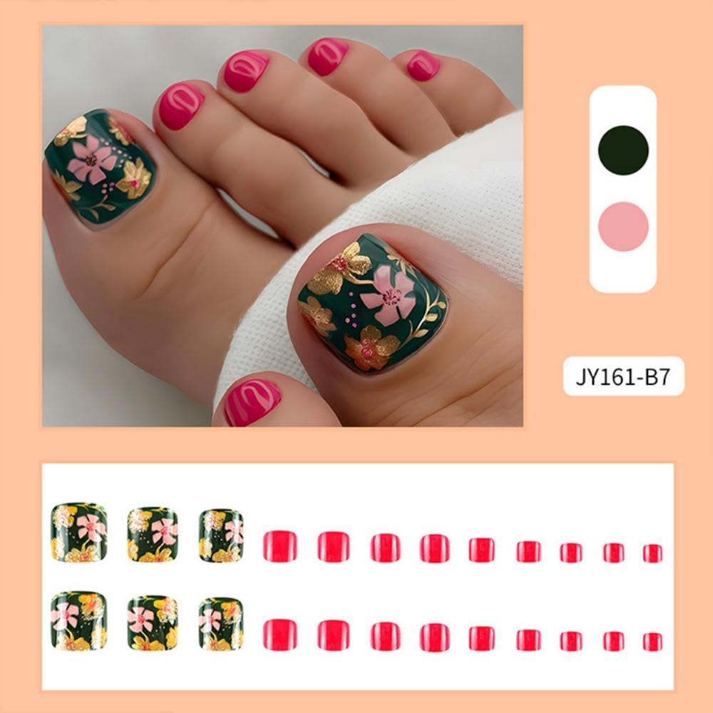 Red Press on Toenails Short Square False Toenails with Gold Flower Design Glossy Red Glue on Toenail Pink Floral Fake Toe Nails Cute Reusable Summer Stick on Toenail for Women Girls Manicure 24Pcs