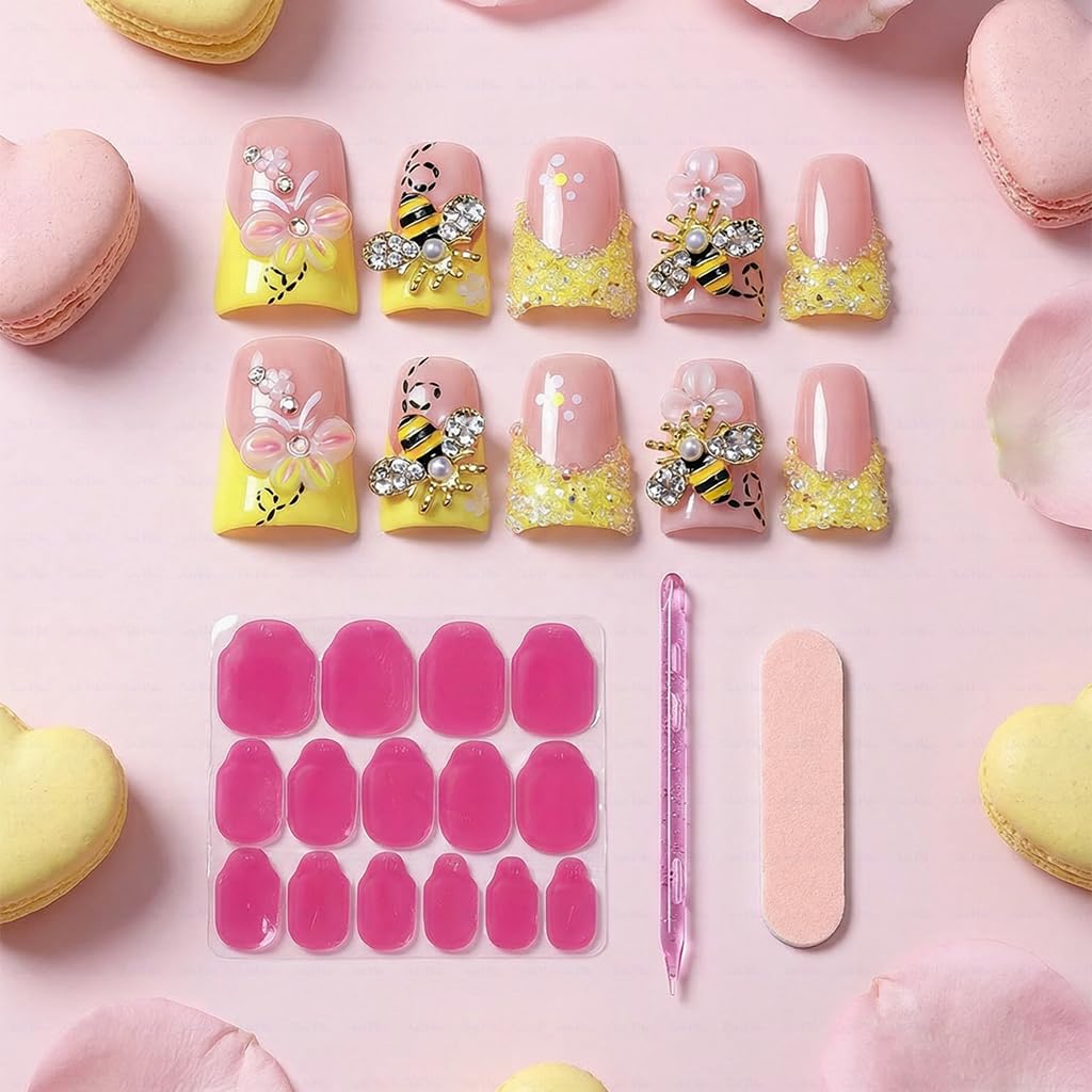 IntoVibes Handmade Short Duck Press On Nails, Precious Bee, 10 Pieces Reusable Acrylic False Nails, Size Small