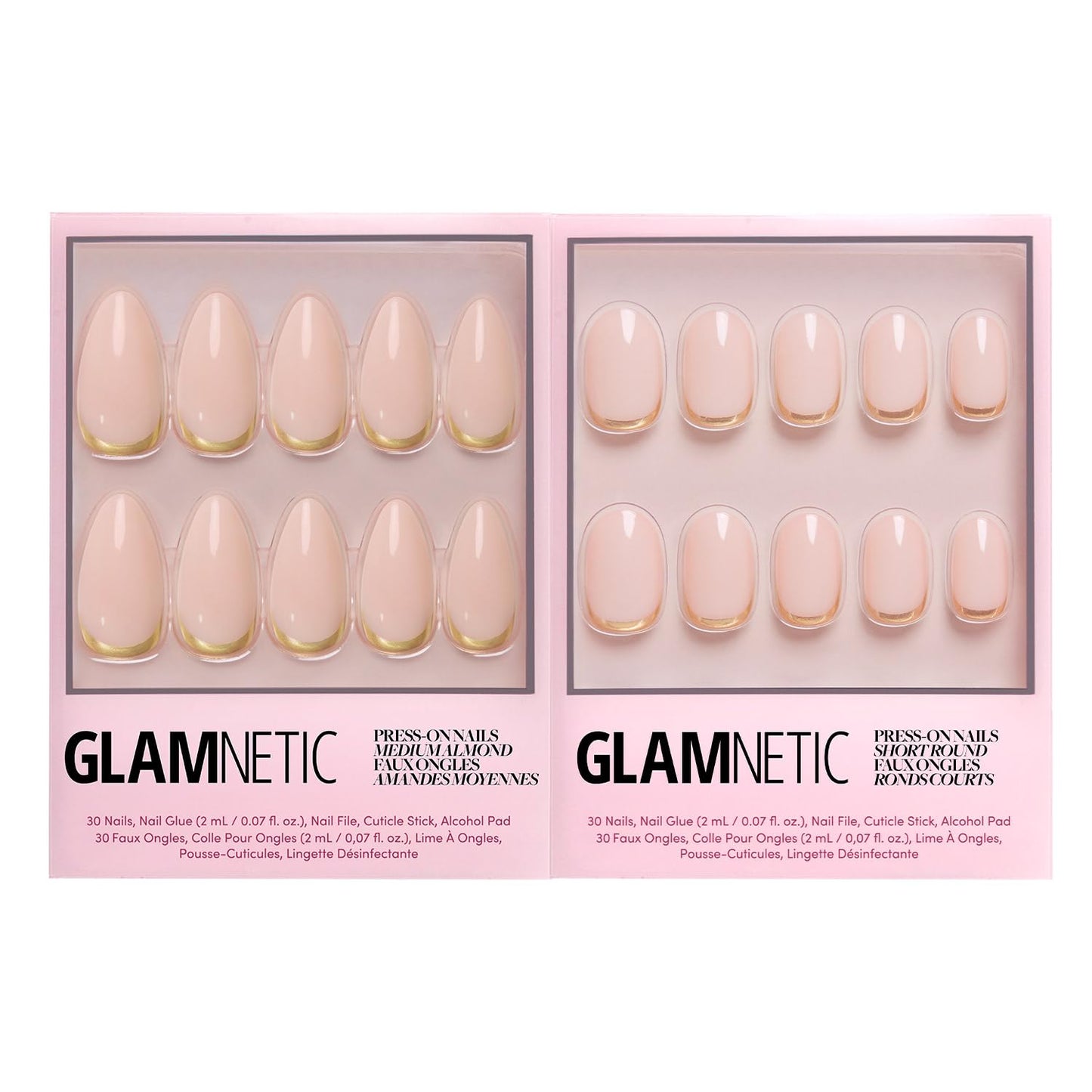 Glamnetic Press-On Nails Bundle - Goal Getter & Goal Digger | Medium Almond Fake Nails and Neutral Gold Reverse French Tip | Glossy, Semi-Transparent, Short Round False Nails with Gold Foil | Reusable