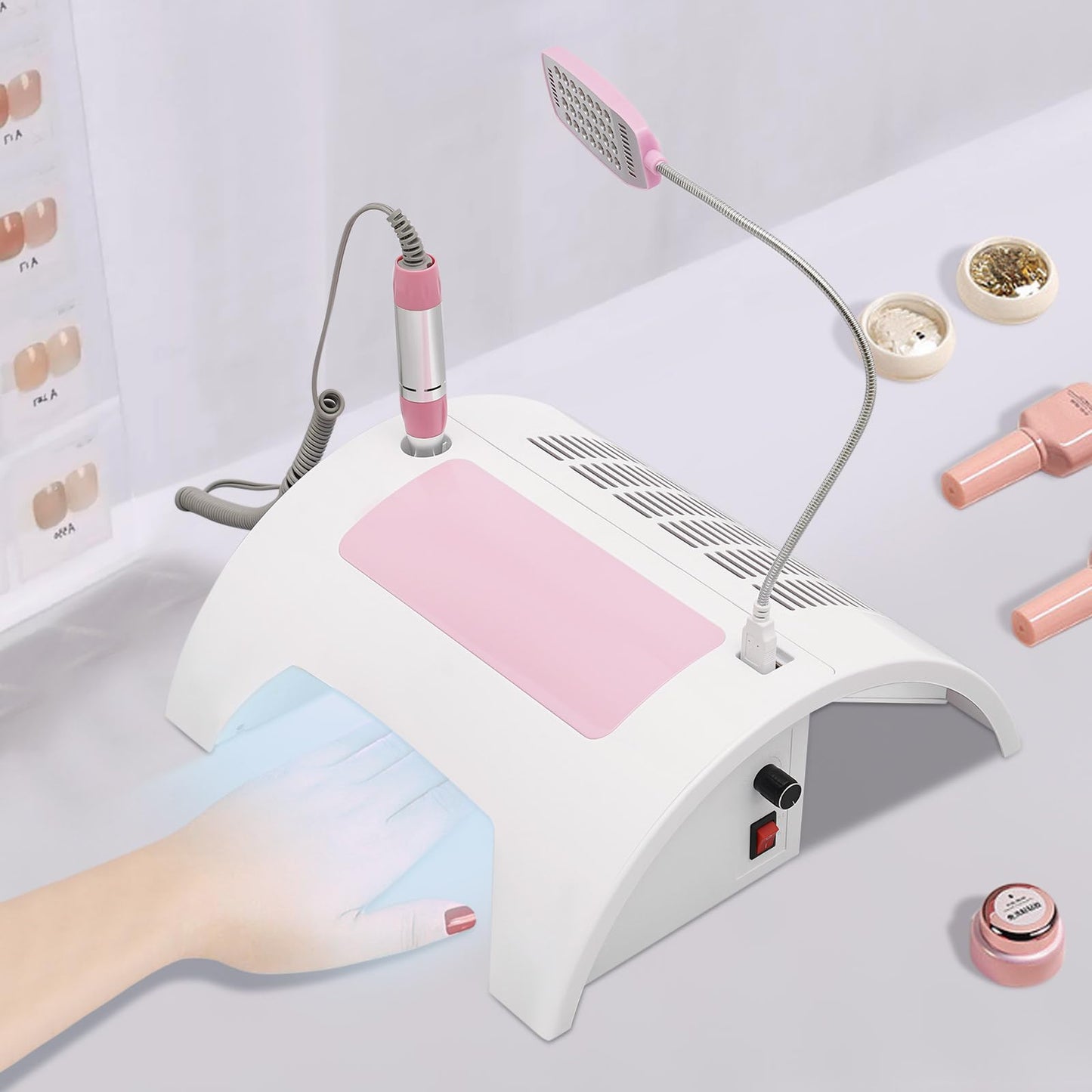 XIJIE Nail Dust Collector 5-in-1, Professional Collector Dust Extractor, Electric Nail Drill Machine, Charging and Lighting Nail Machine w/UV + LED Lamp for Salon & Home (60W) (Pink+White)