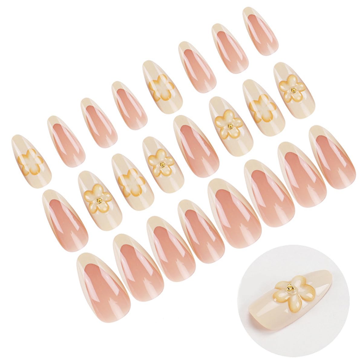 Flower Press on Nails Medium Almond Fake Nails Press ons with Yellow Floral Designs Yellow French Tip Nails Glossy Acrylic Nails Full Cover Spring Glue on Nails for Women Manicure 24Pcs