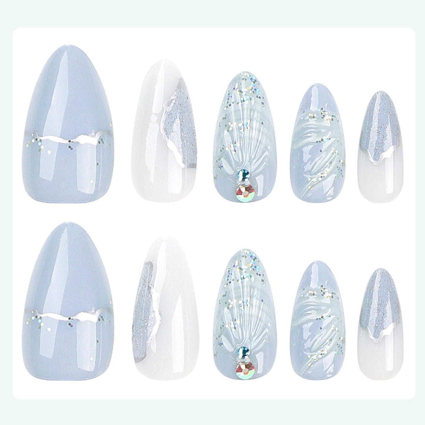 Press on Nails Medium Size Almond Color Acrylic False Nails 3D Mermaid Tail Blue False Nails with Glitter Rhinestones Design Stiletto Nails Press-On Gloss Full Coverage Stick-On Nails Women Gift LL02