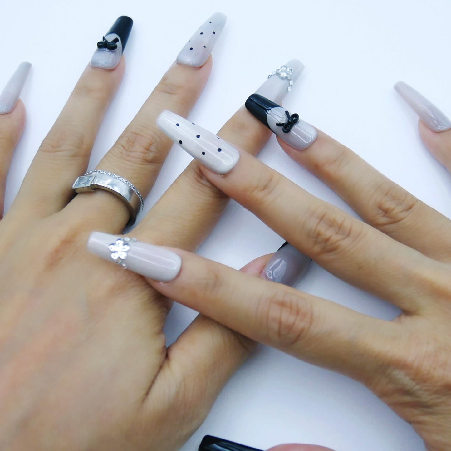 French Tip Press on Nails, Long Coffin Fake Nails,Glitter ballet-inspired style with Rhinestones, and silver black white Polka Dot Nails for Wedding Party.10Pcs Nail Kit for Women Manicure.