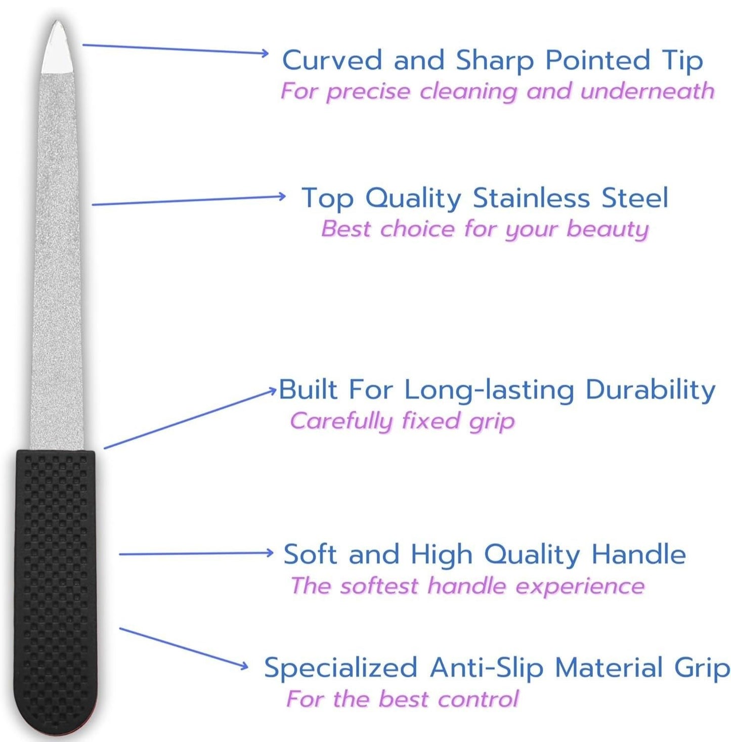 Professional Sapphire Black Nail File – Fine & Coarse, 5" Stainless Steel, Double-Sided Metal File, Ergonomic Non-Slip Handle, for Natural, Gel, Acrylic Nails, Manicure & Pedicure Tool